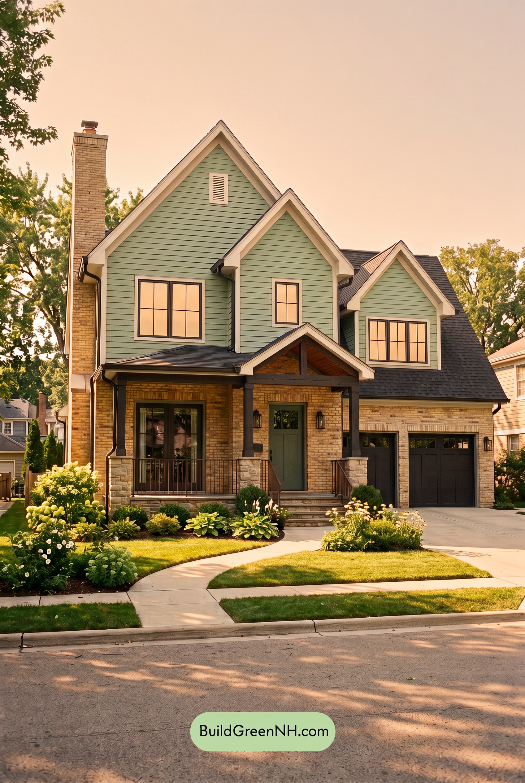 Yellow Brick House Exterior Color Scheme: Eucalyptus Gable Glow - Golden Hour