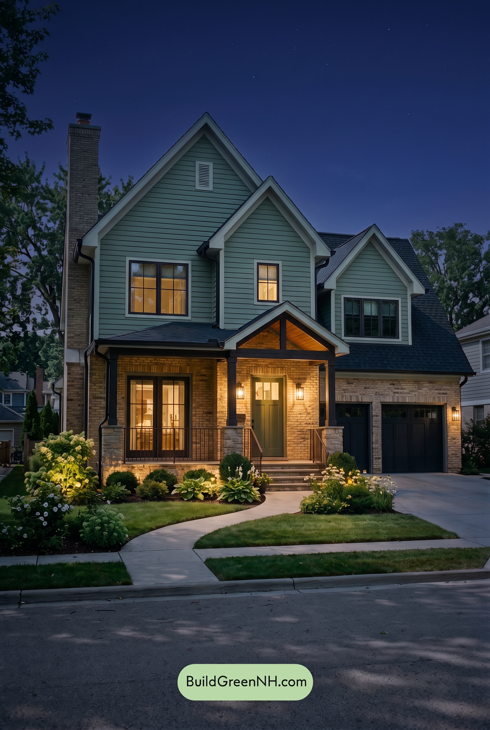 Yellow Brick House Exterior Color Scheme: Eucalyptus Gable Glow - Nighttime