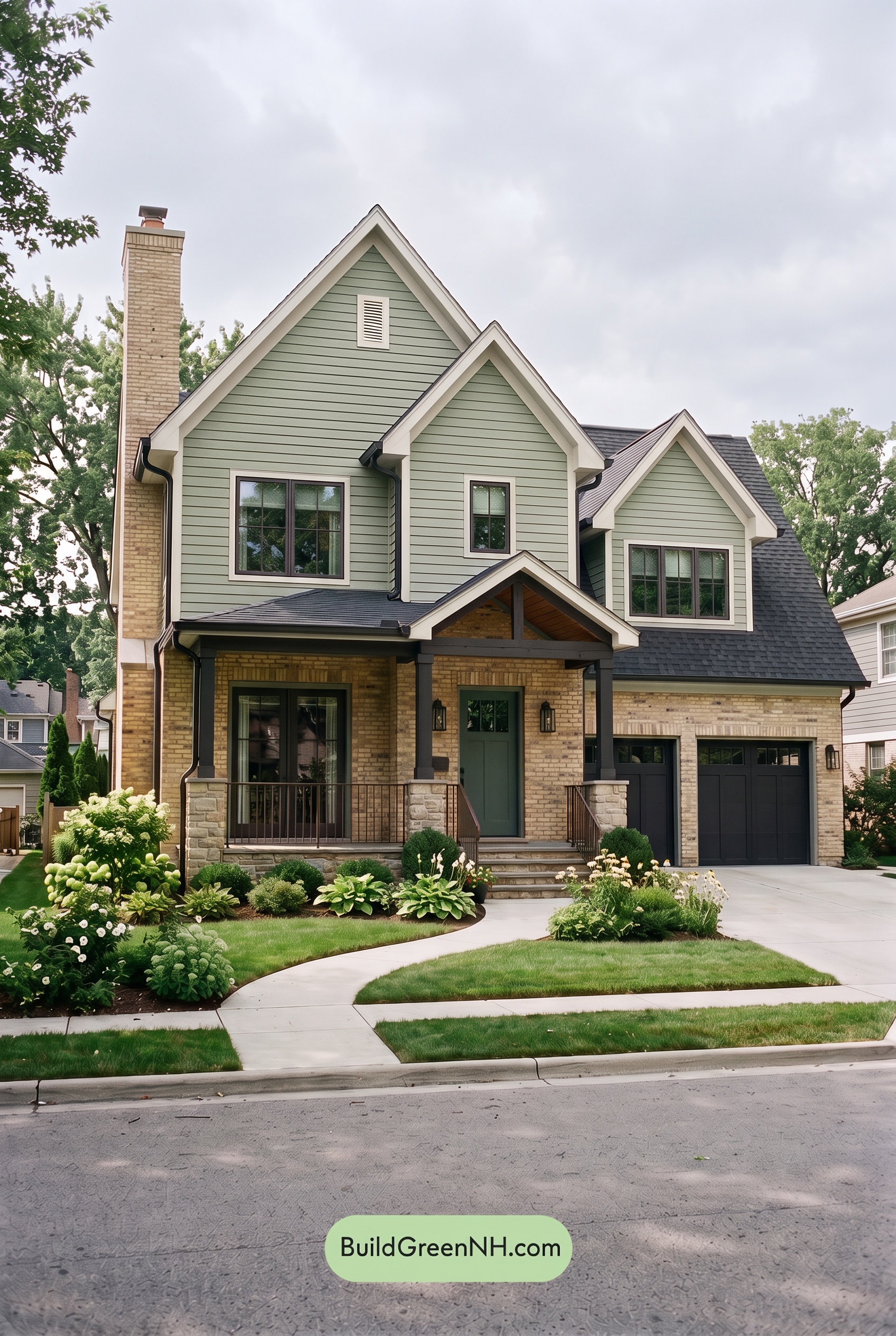 Yellow Brick House Exterior Color Scheme: Eucalyptus Gable Glow - Overcast