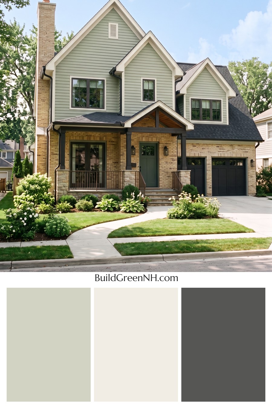 Yellow Brick House Exterior Color Scheme: Eucalyptus Gable Glow