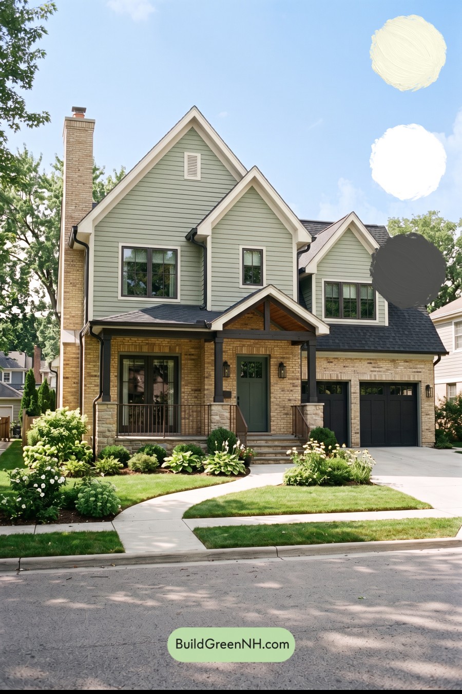 Yellow Brick House Exterior Color Scheme: Eucalyptus Gable Glow