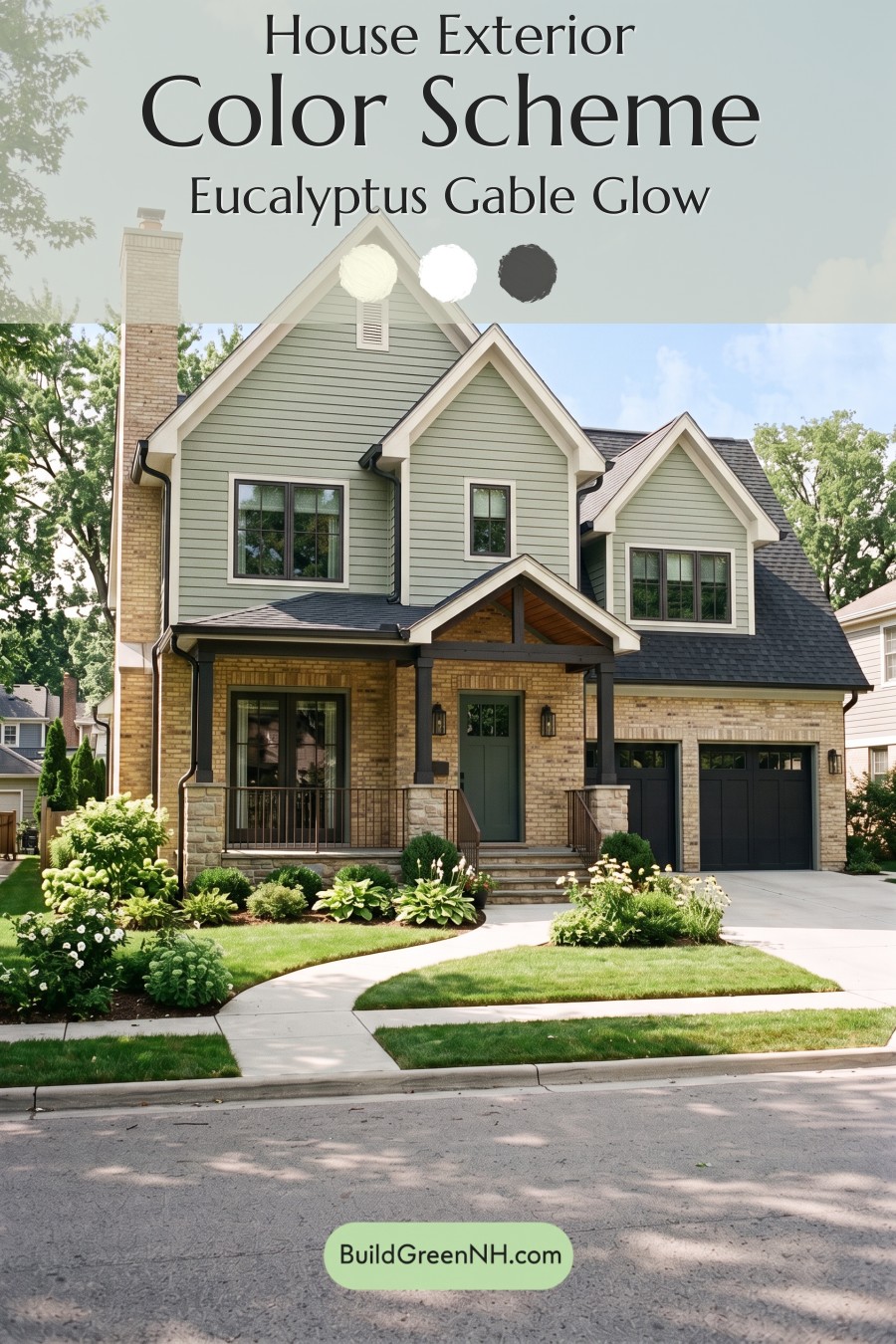 Yellow Brick House Exterior Color Scheme: Eucalyptus Gable Glow