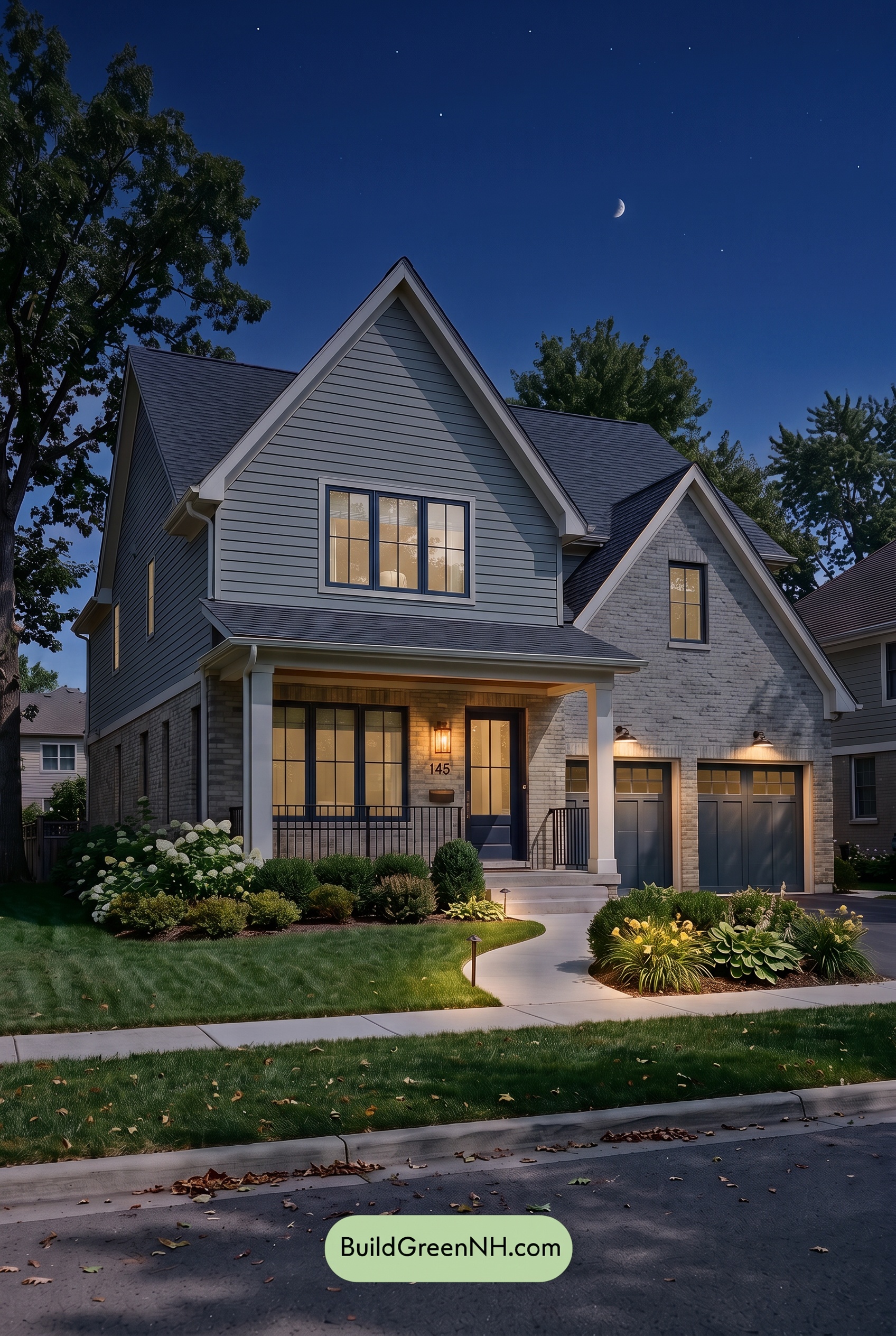 Yellow Brick House Exterior Color Scheme: Harbor Linen Crest - Nighttime