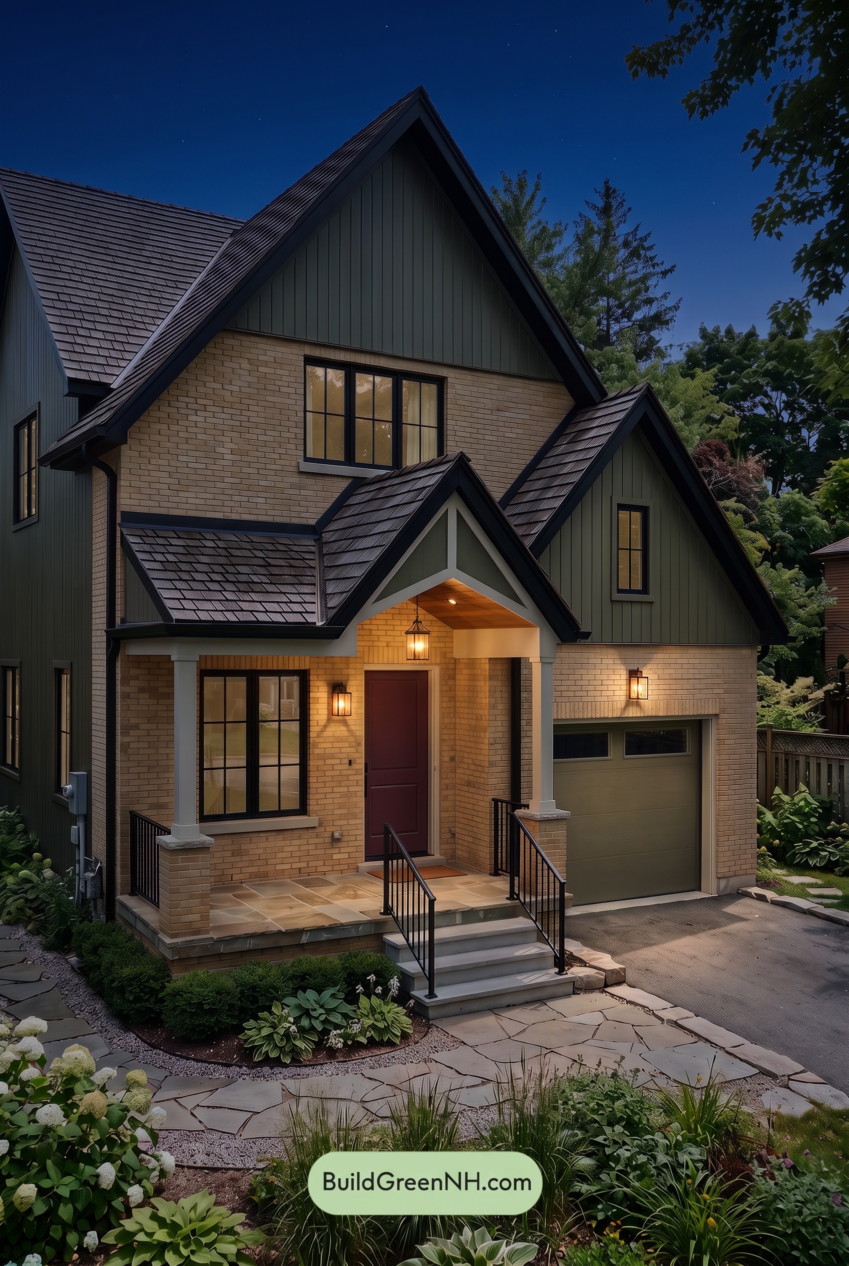 Yellow Brick House Exterior Color Scheme: Mosslight Parlor - Nighttime