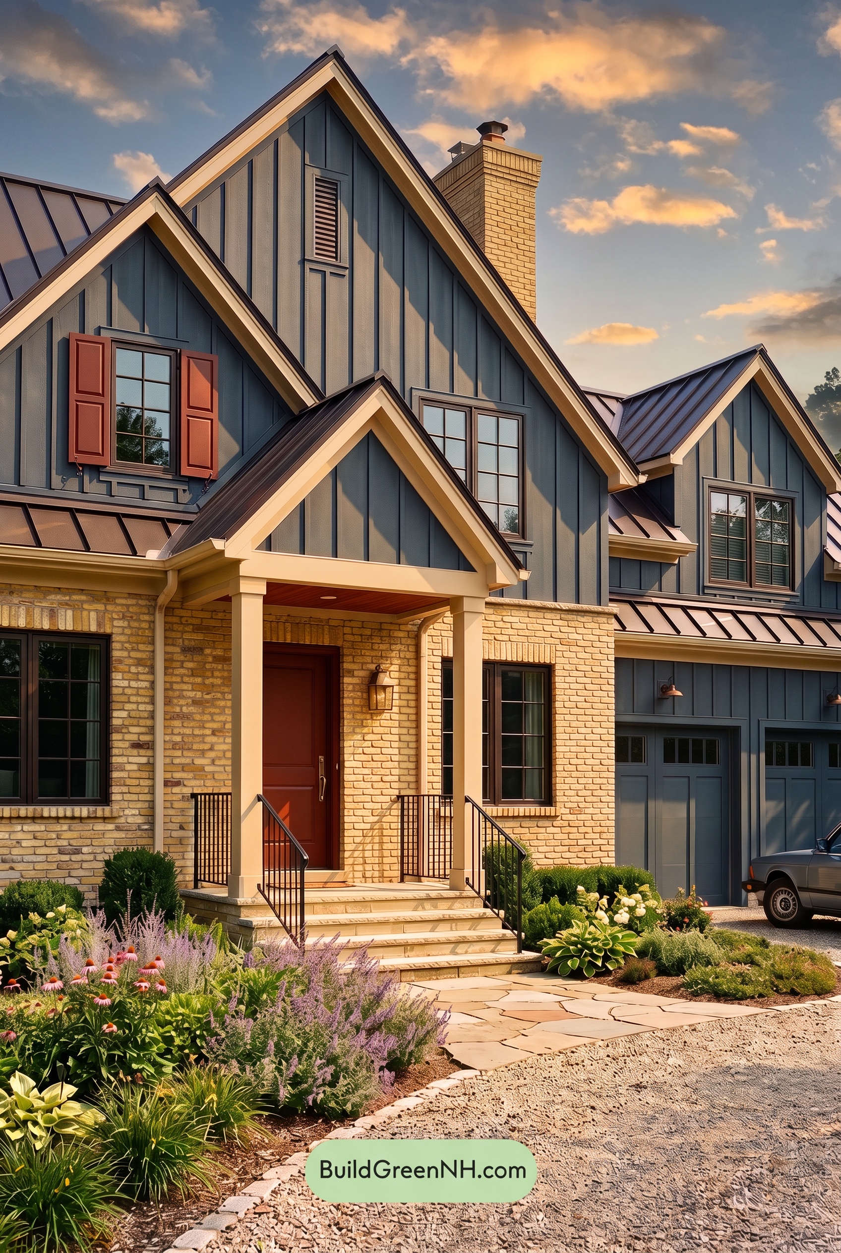 Yellow Brick House Exterior Color Scheme: Navy Sienna Threshold - Golden Hour