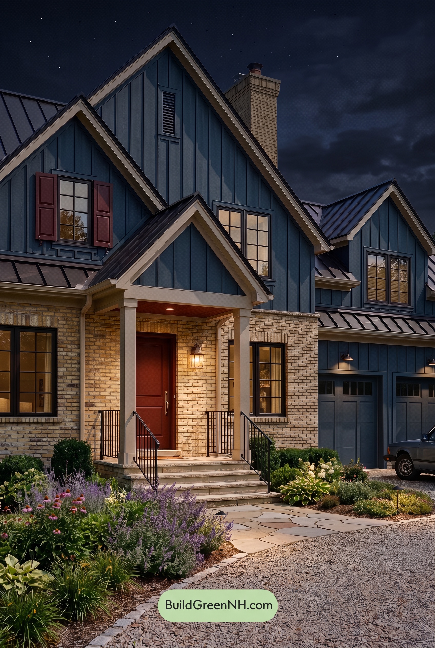 Yellow Brick House Exterior Color Scheme: Navy Sienna Threshold - Nighttime