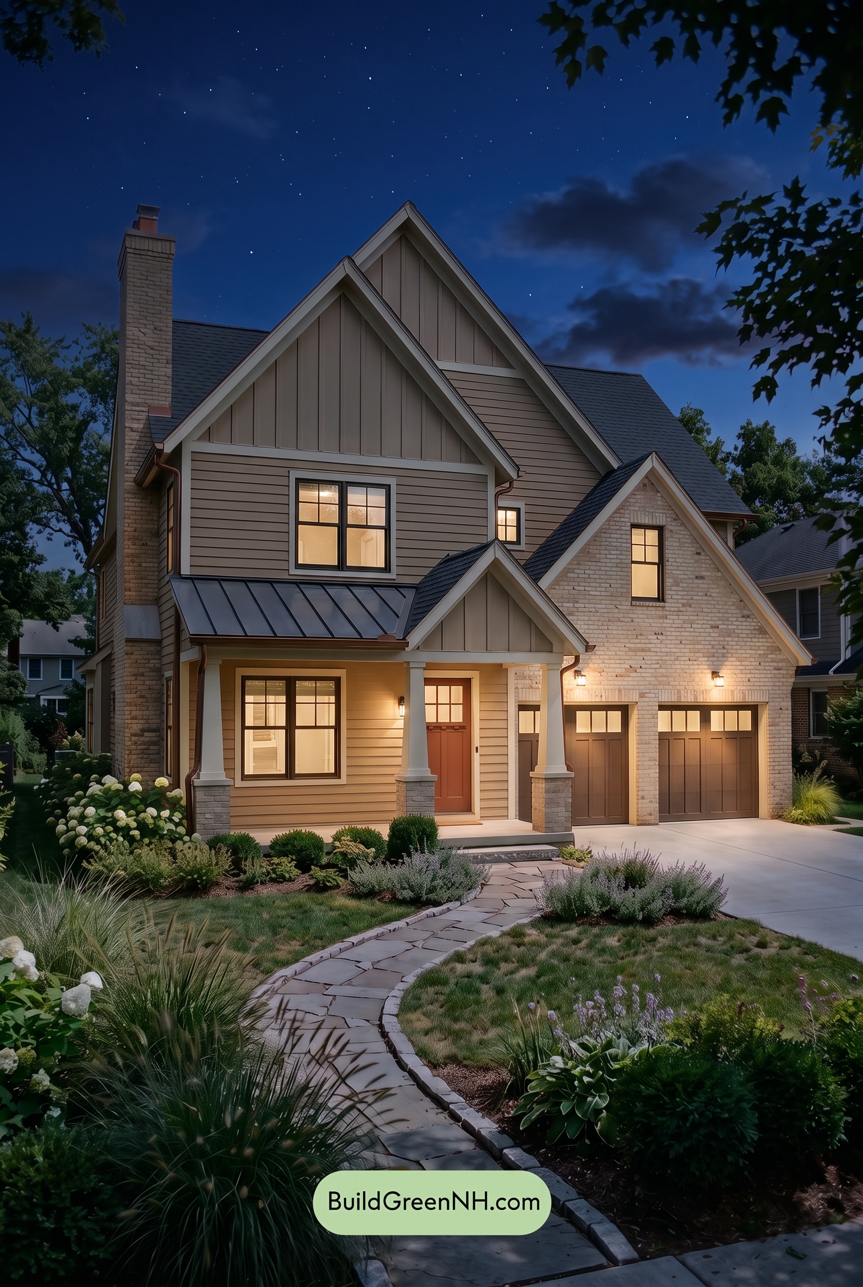 Yellow Brick House Exterior Color Scheme: Ochre Lantern - Nighttime