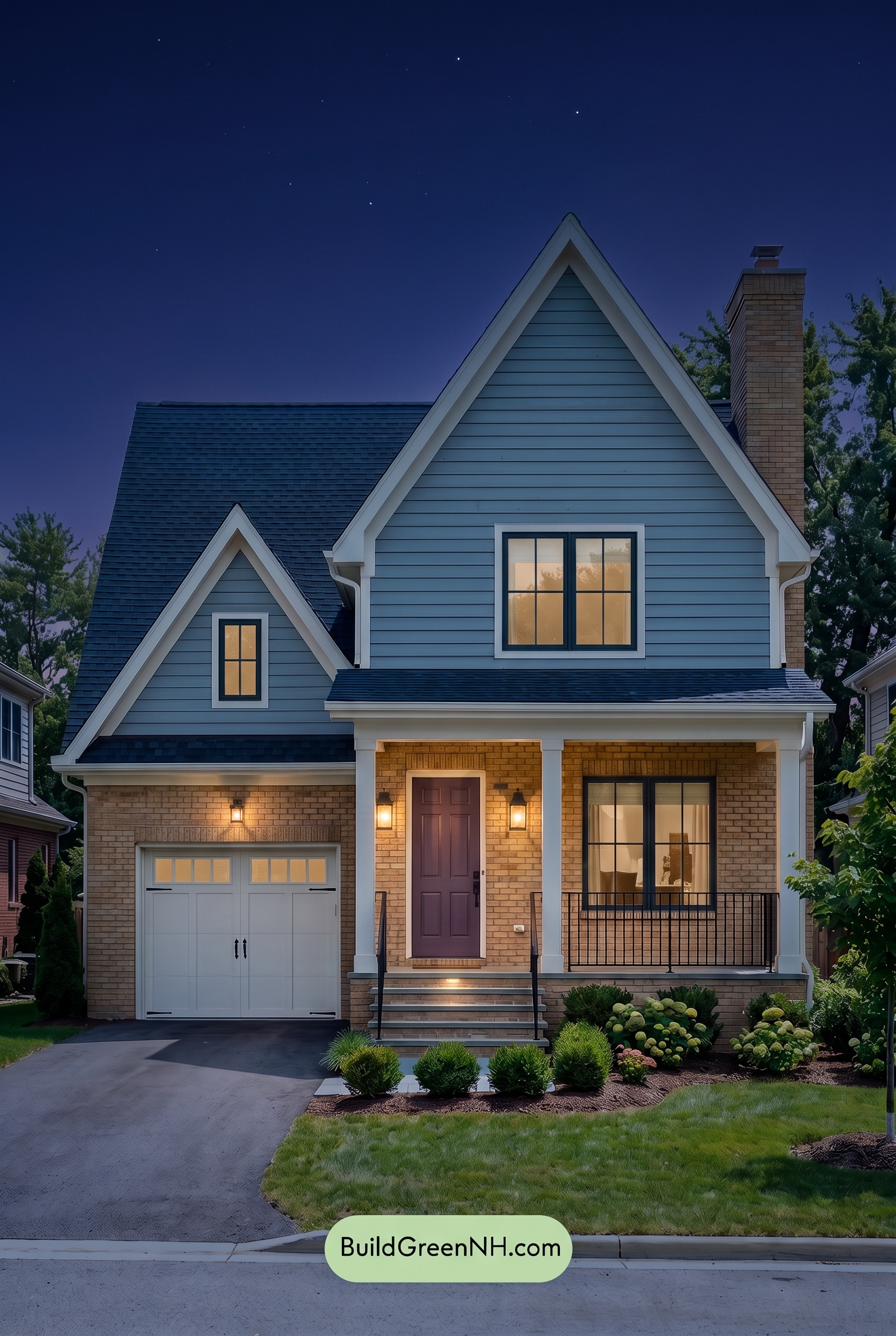 Yellow Brick House Exterior Color Scheme: Porcelain Gable Drift - Nighttime