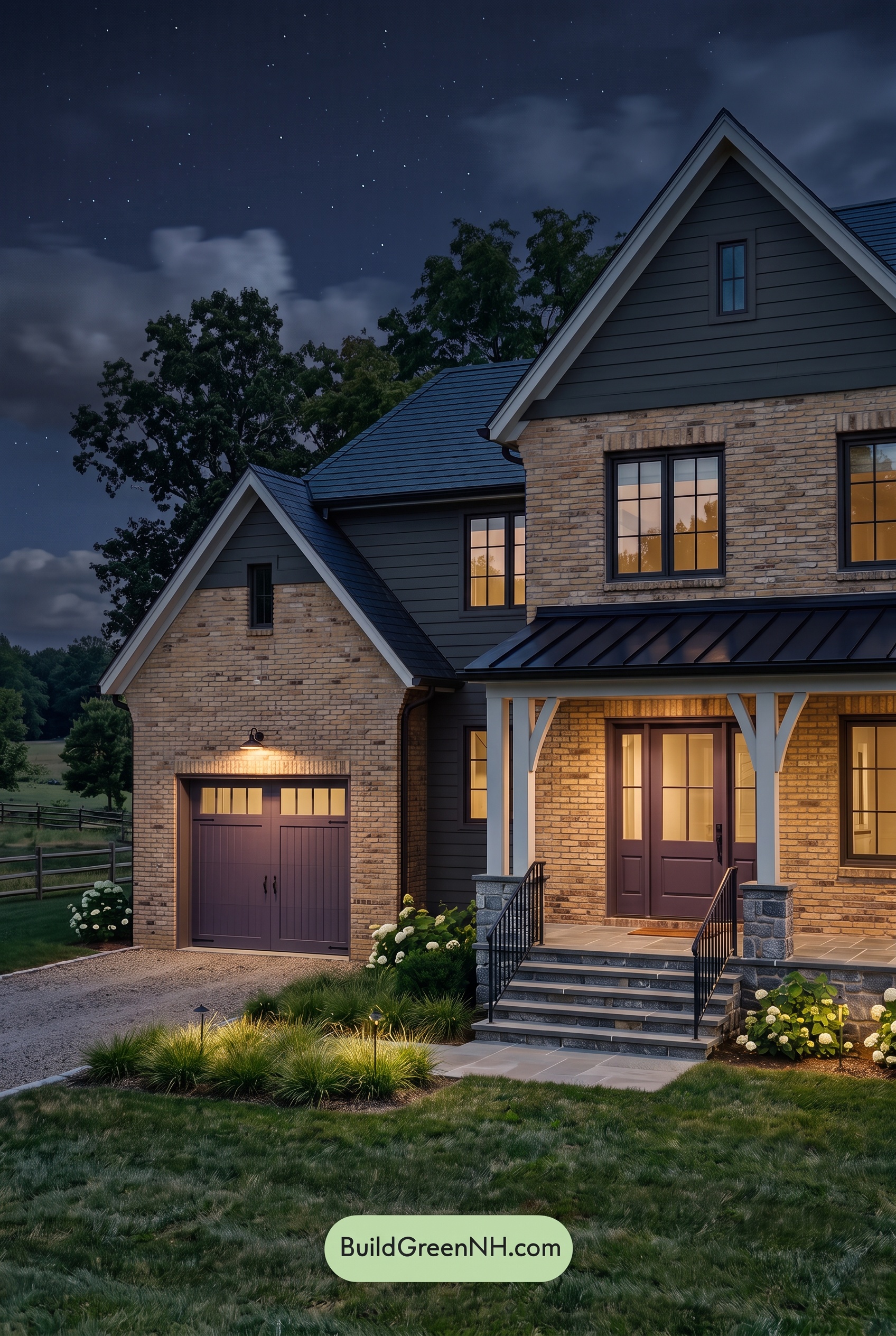 Yellow Brick House Exterior Color Scheme: Saffron Brick Nightfall - Nighttime