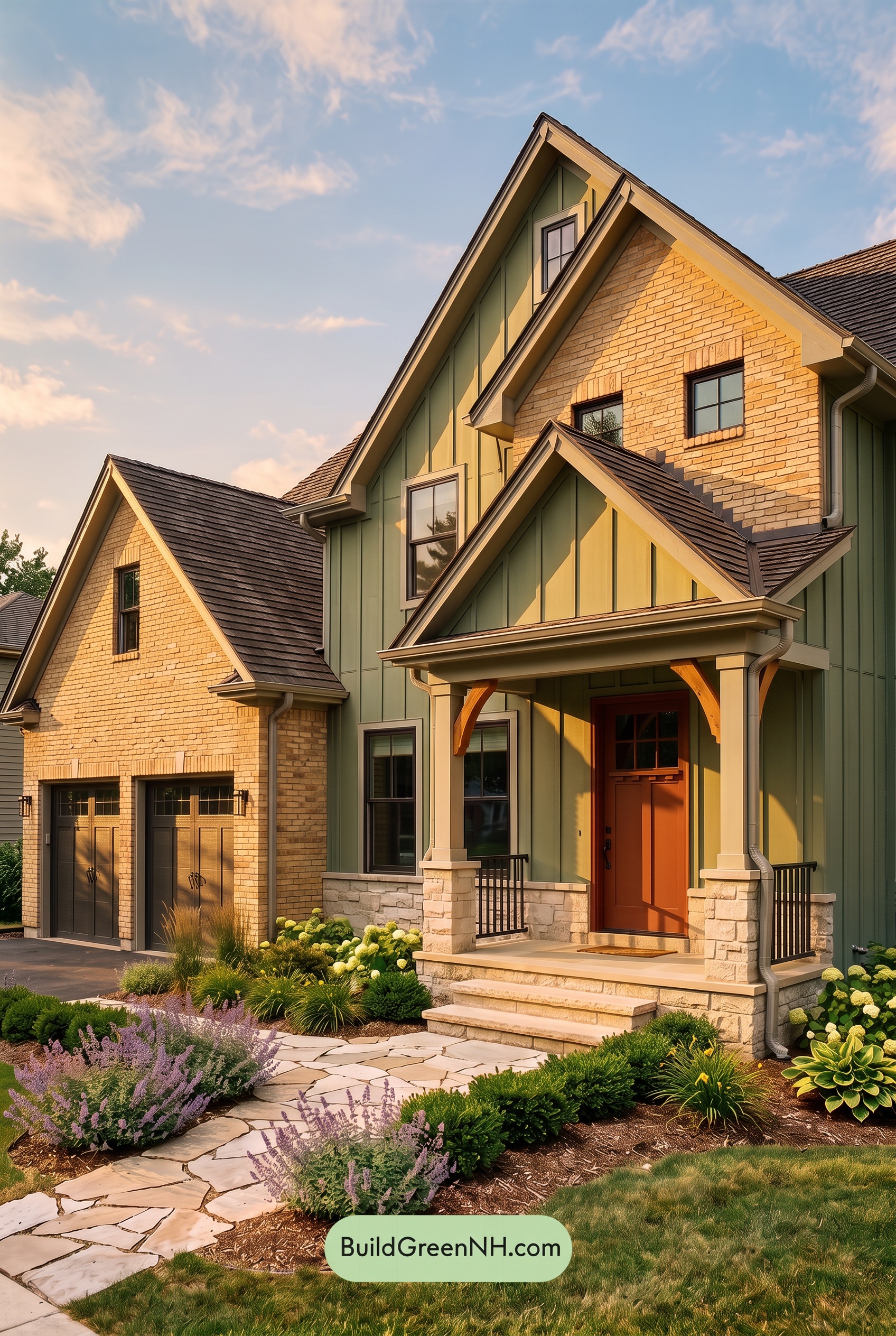 Yellow Brick House Exterior Color Scheme: Sage Porch Ember - Golden Hour