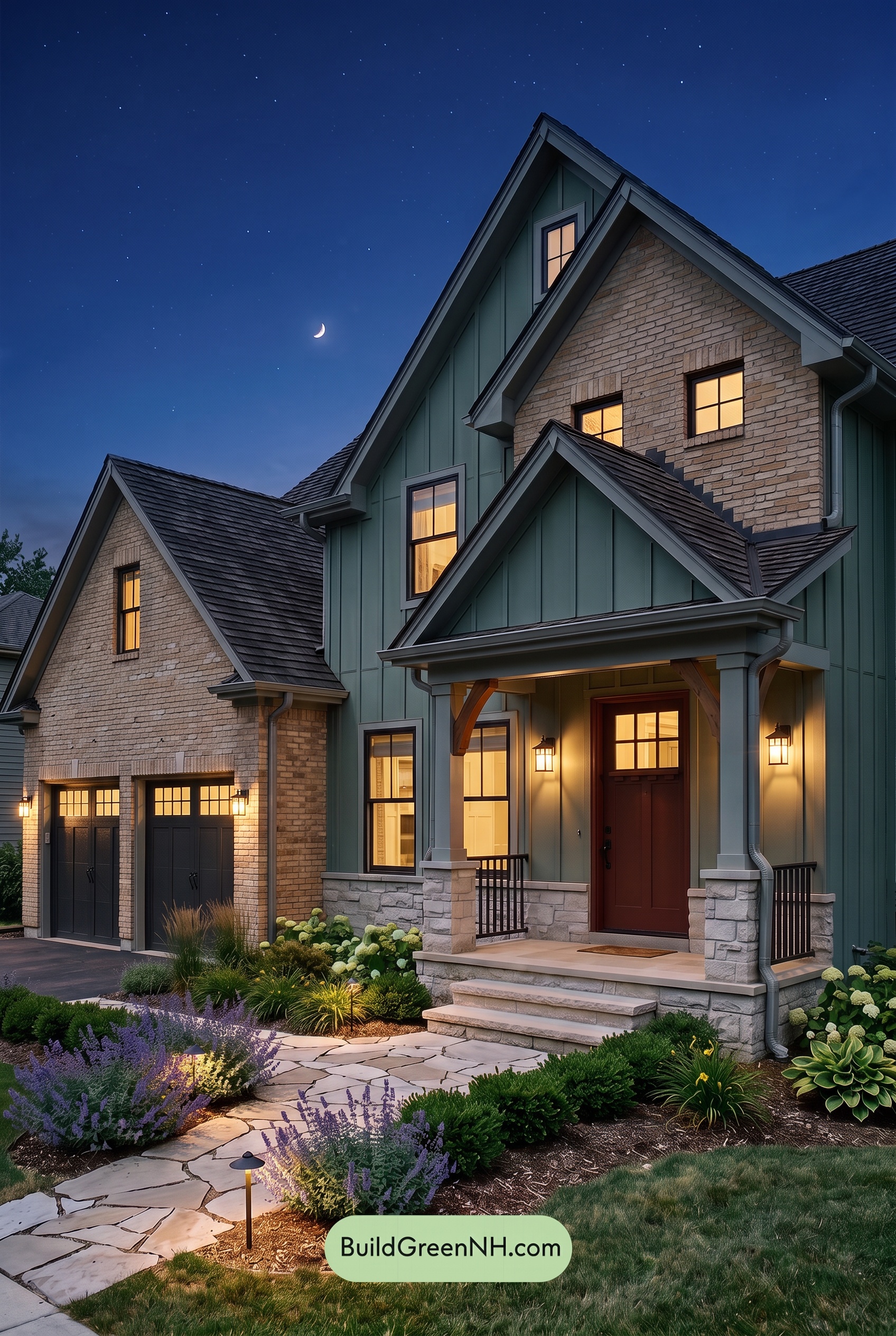 Yellow Brick House Exterior Color Scheme: Sage Porch Ember - Nighttime