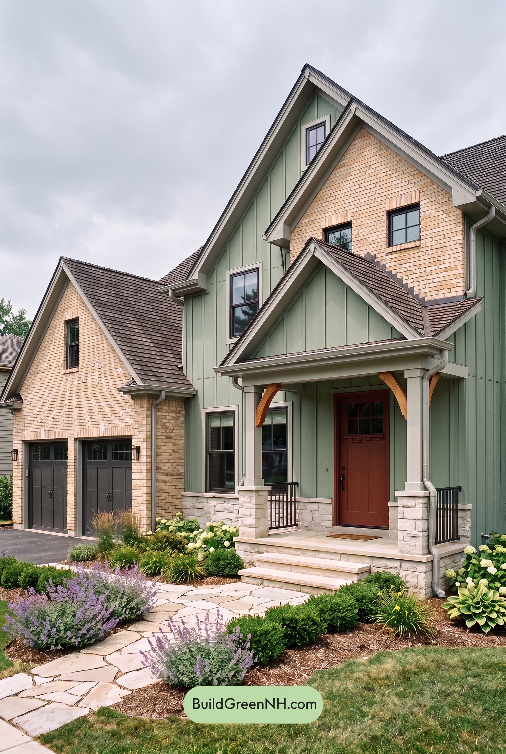 Yellow Brick House Exterior Color Scheme: Sage Porch Ember - Overcast