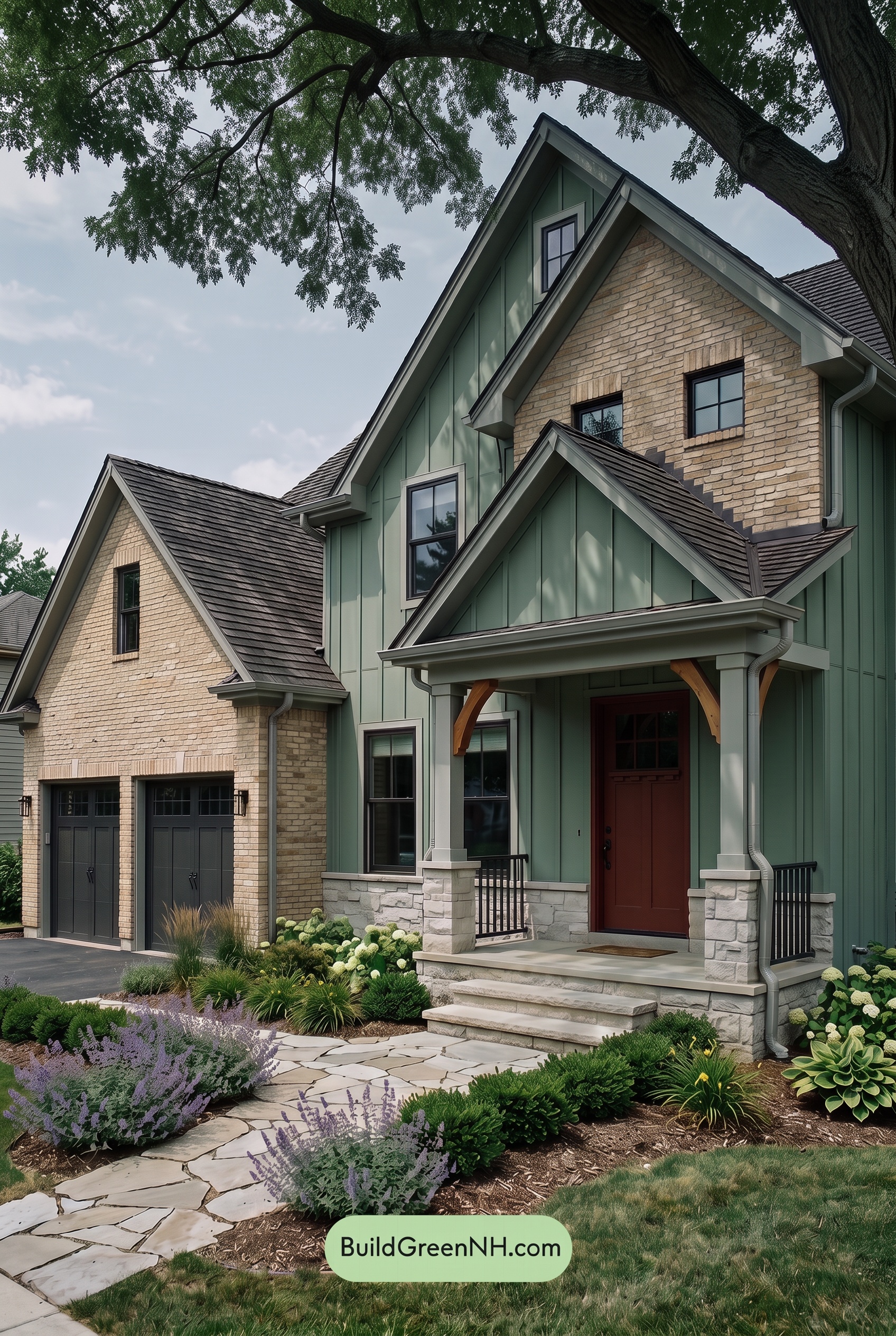 Yellow Brick House Exterior Color Scheme: Sage Porch Ember - Shade