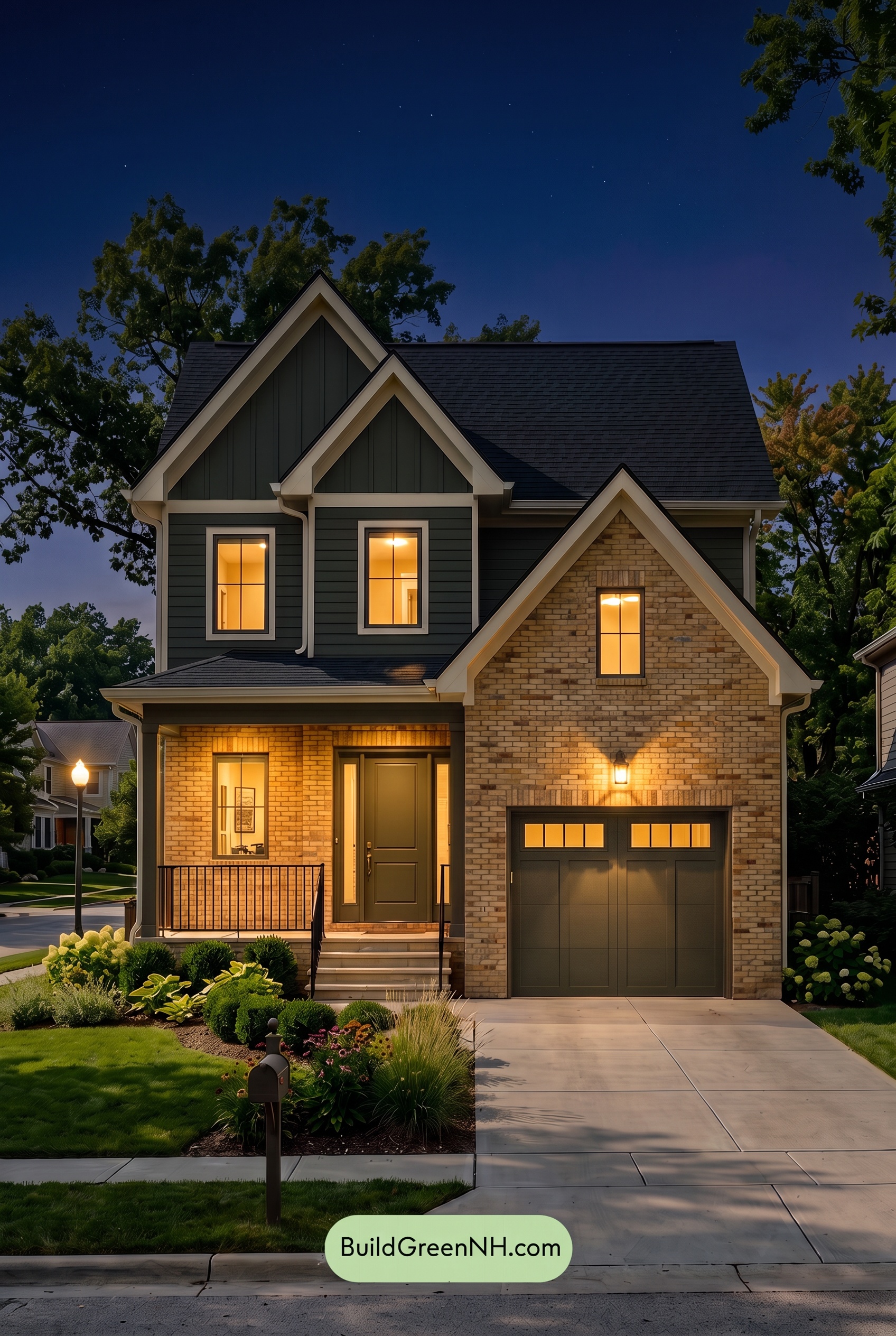 Yellow Brick House Exterior Color Scheme: Verdant Hearthline - Nighttime
