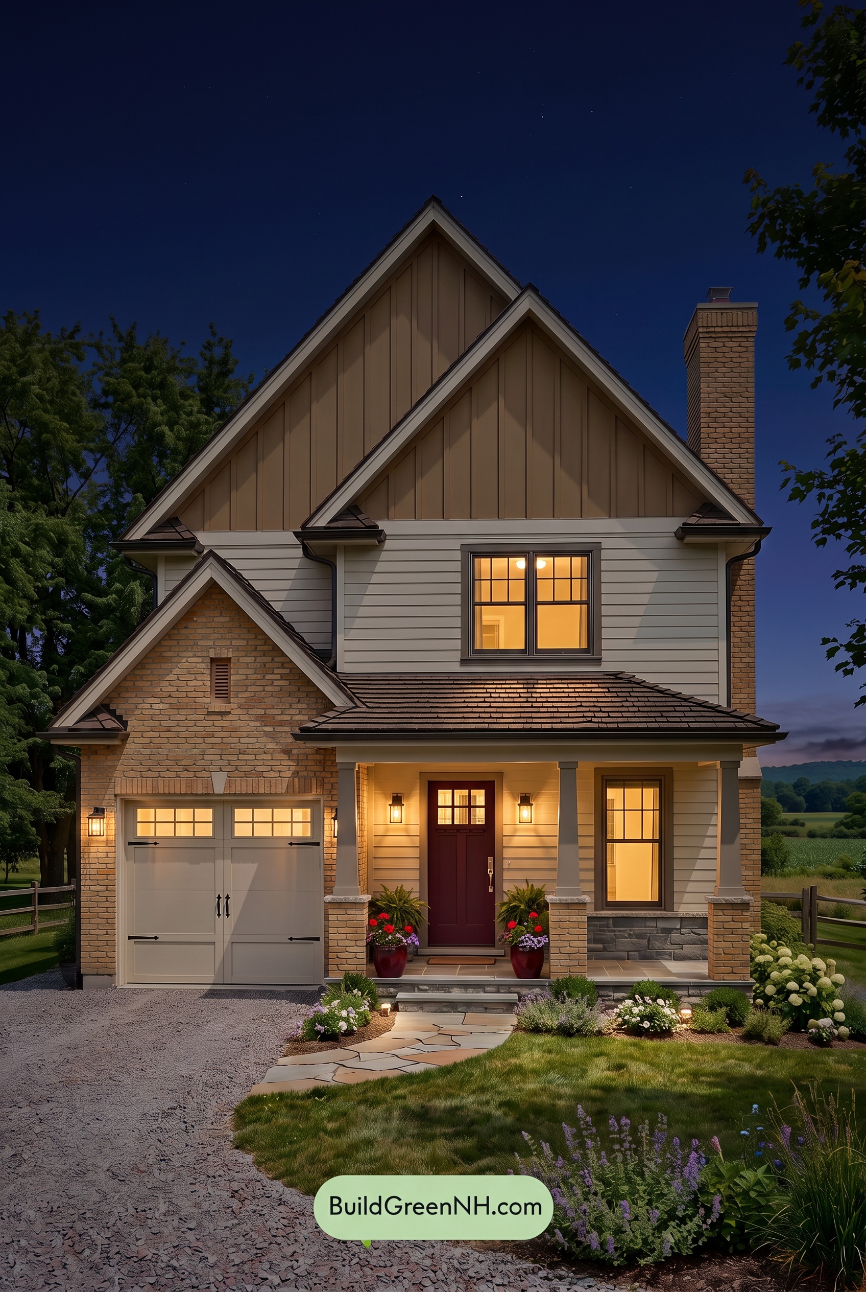 Yellow Brick House Exterior Color Scheme: Wheatstone Pulse - Nighttime