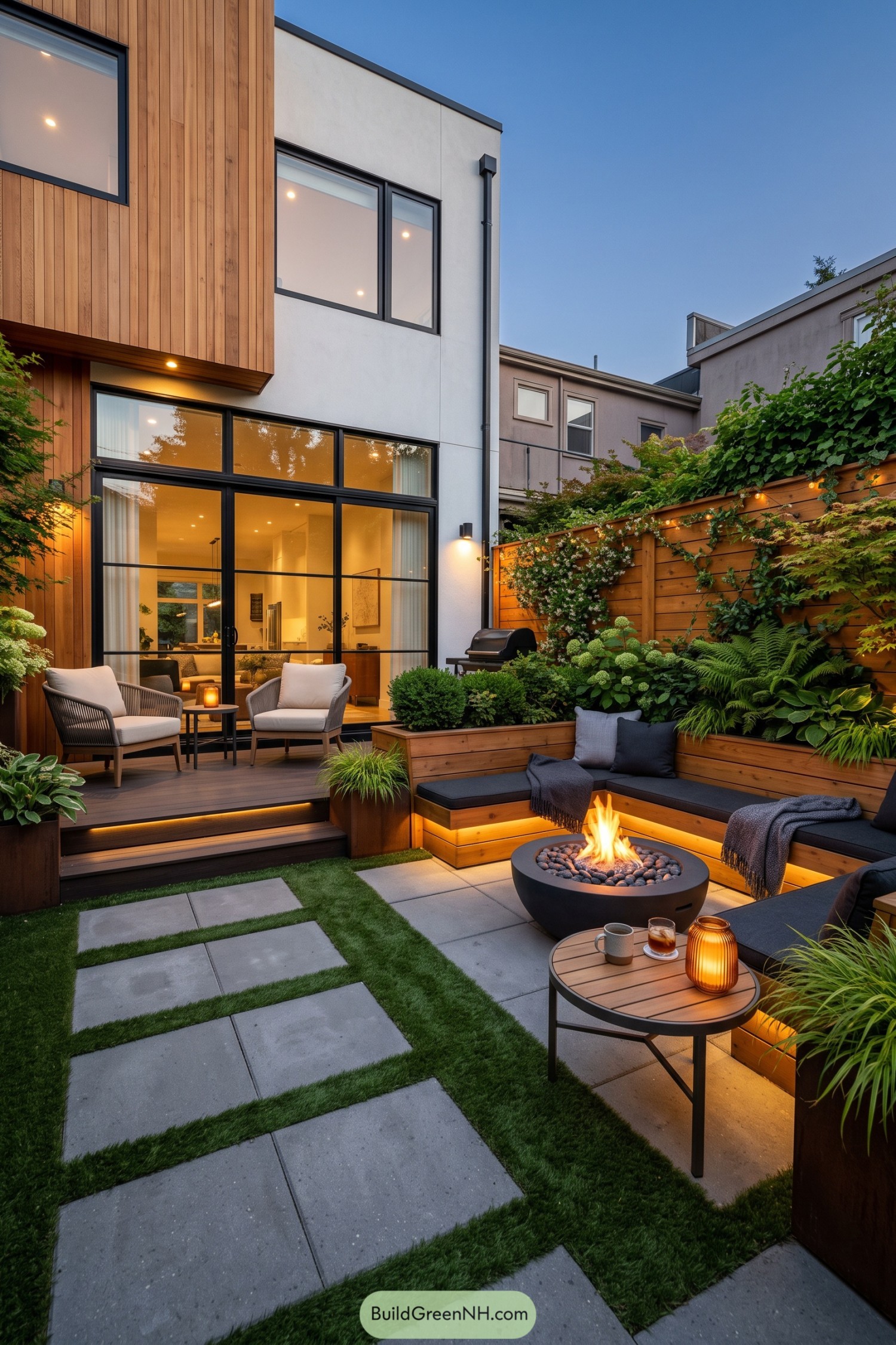 Cozy urban courtyard patio with fire bowl and built-in seating