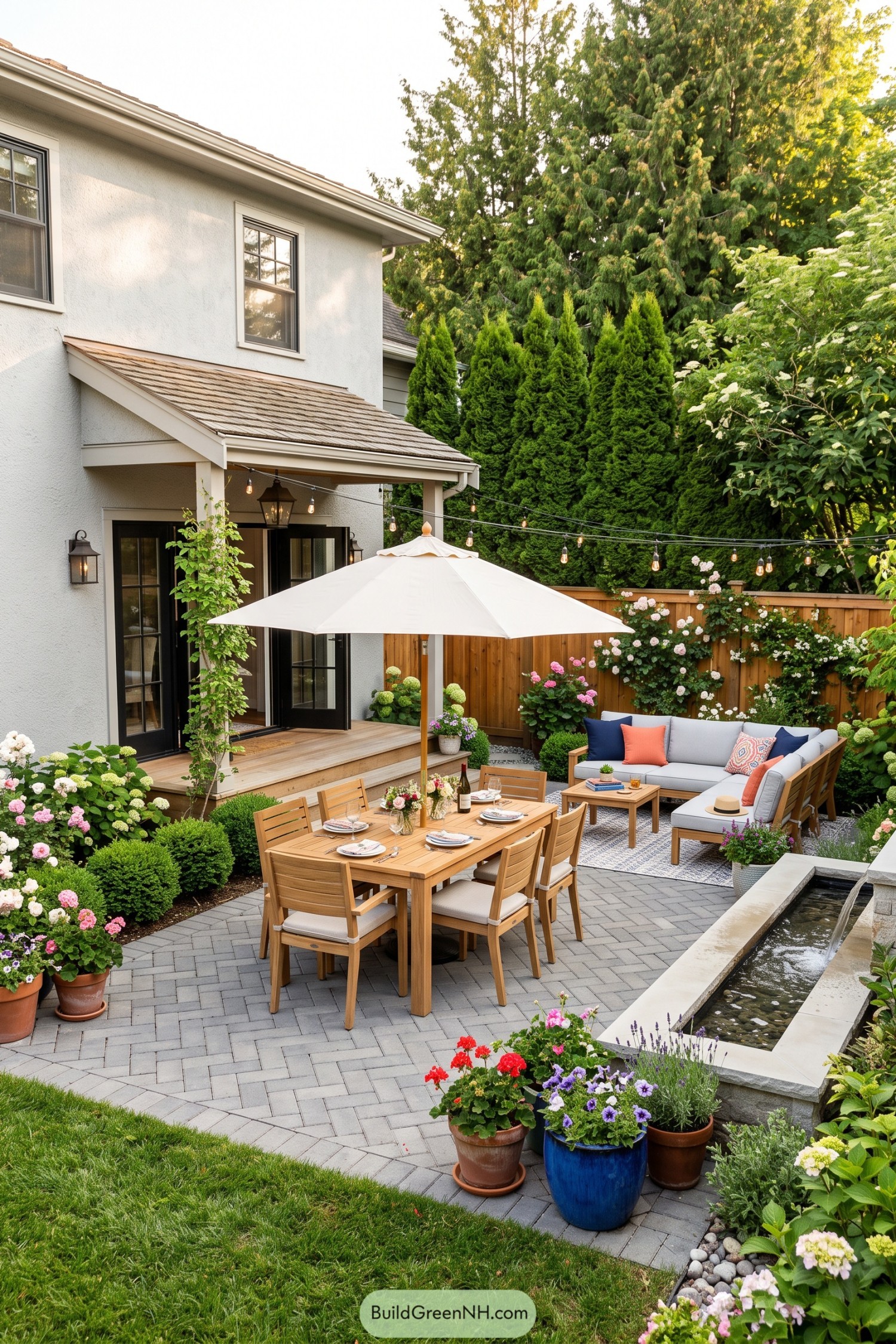 Paved patio with umbrella dining lounge seating and a narrow fountain