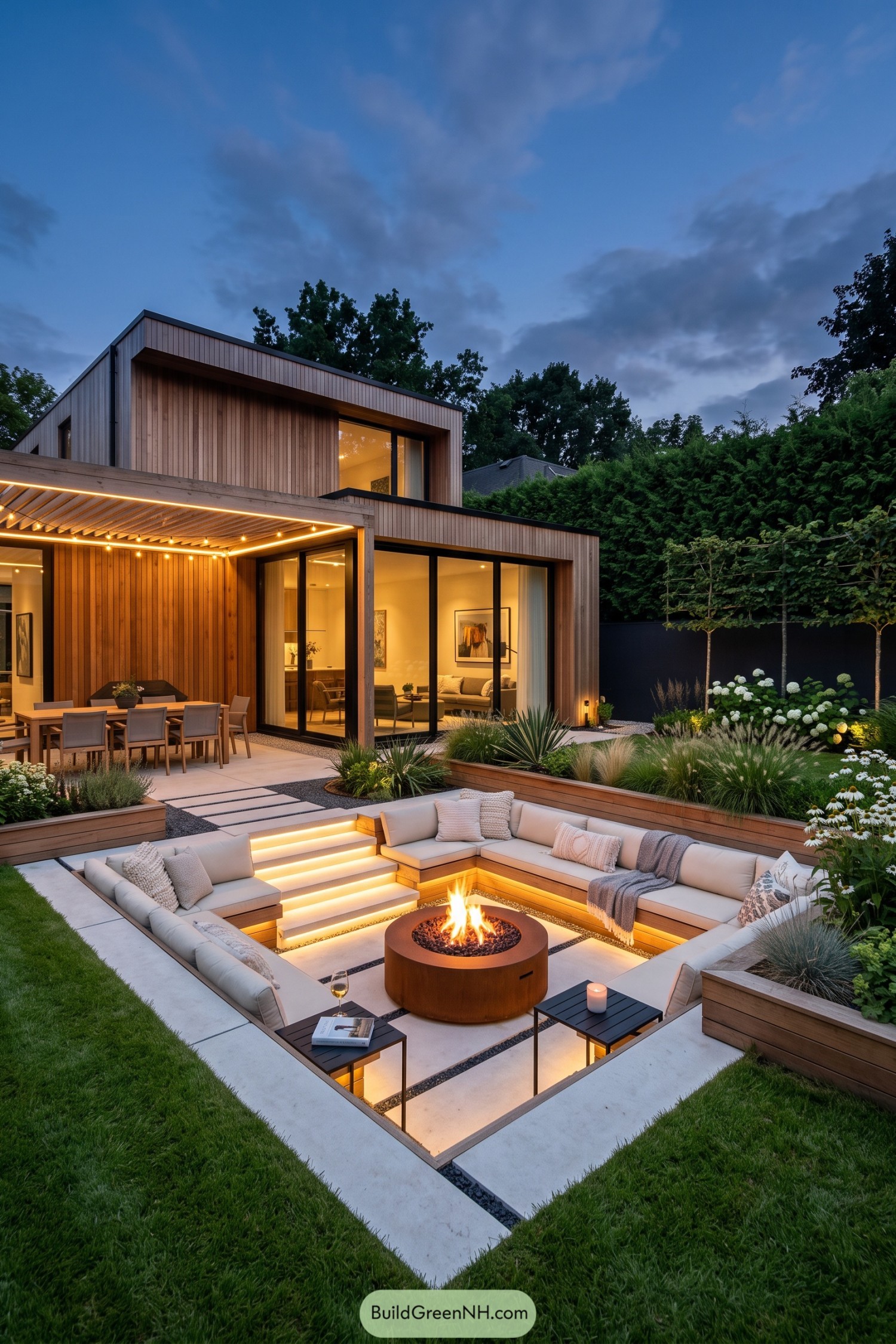 Sunken outdoor lounge with fire bowl and timber pergola