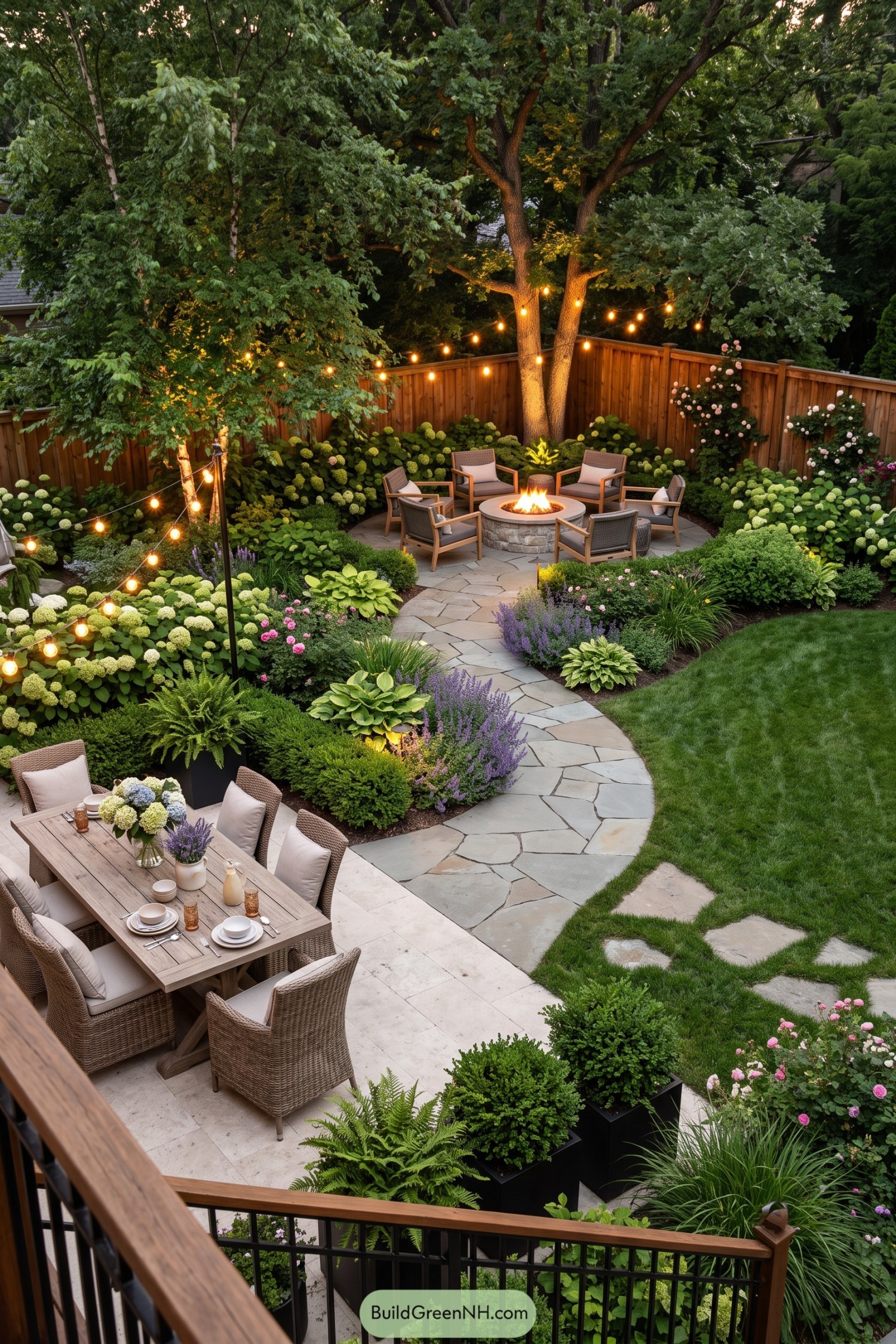 Curving flagstone path connects dining patio to fire pit seating