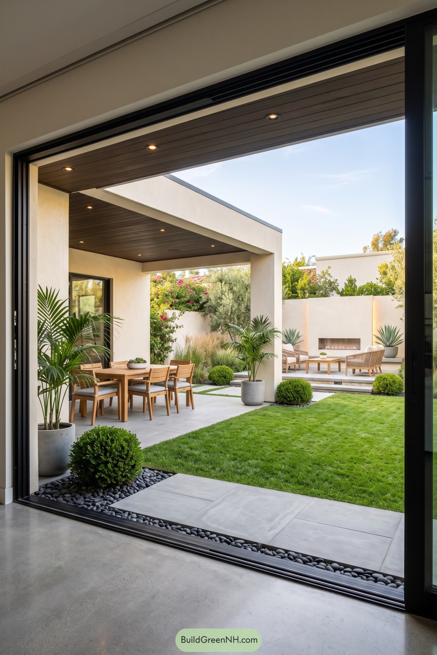 Covered dining patio with a linear fireplace lounge and lush planting