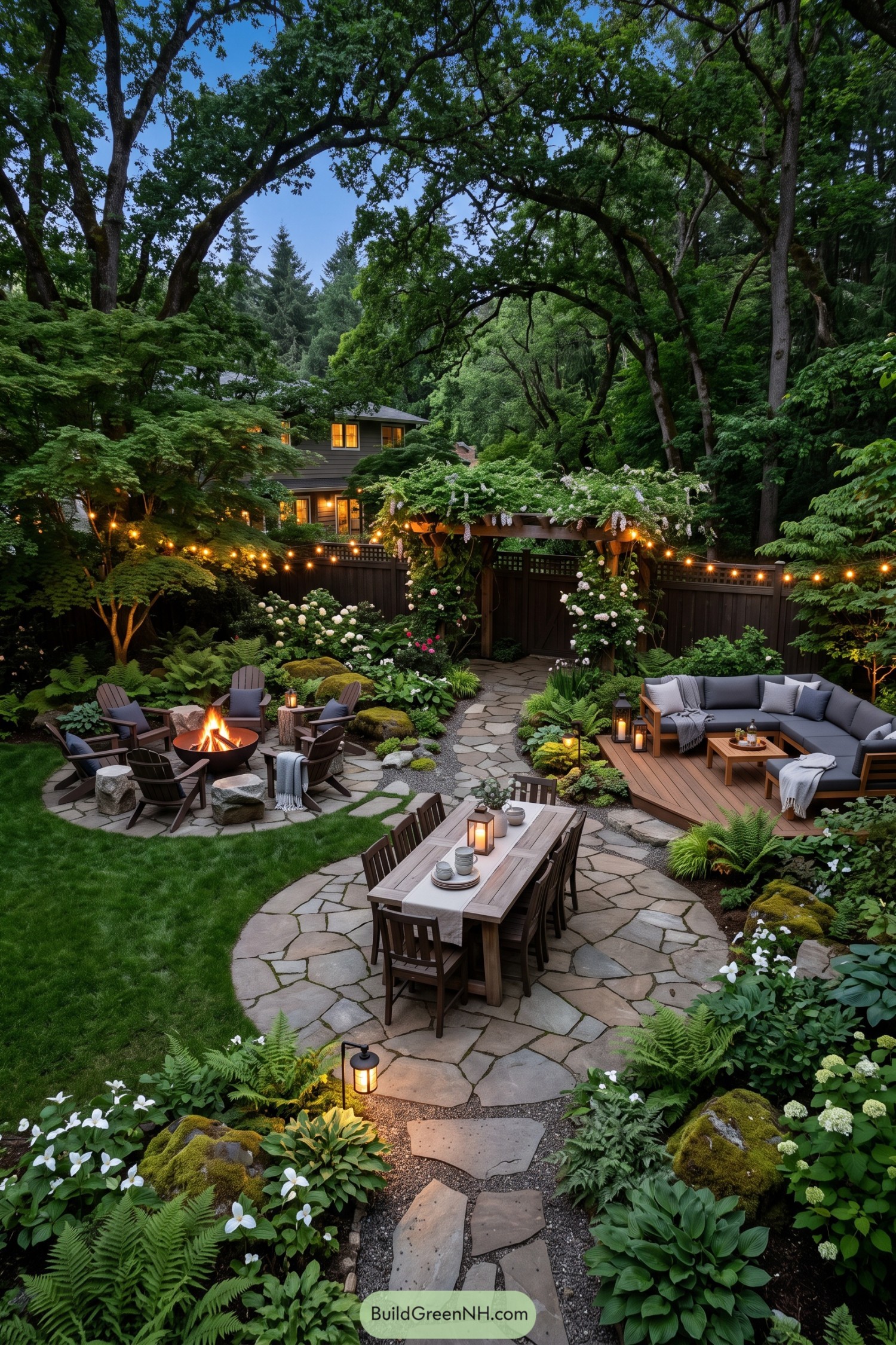 Lush garden patio with dining fire pit and lounge seating