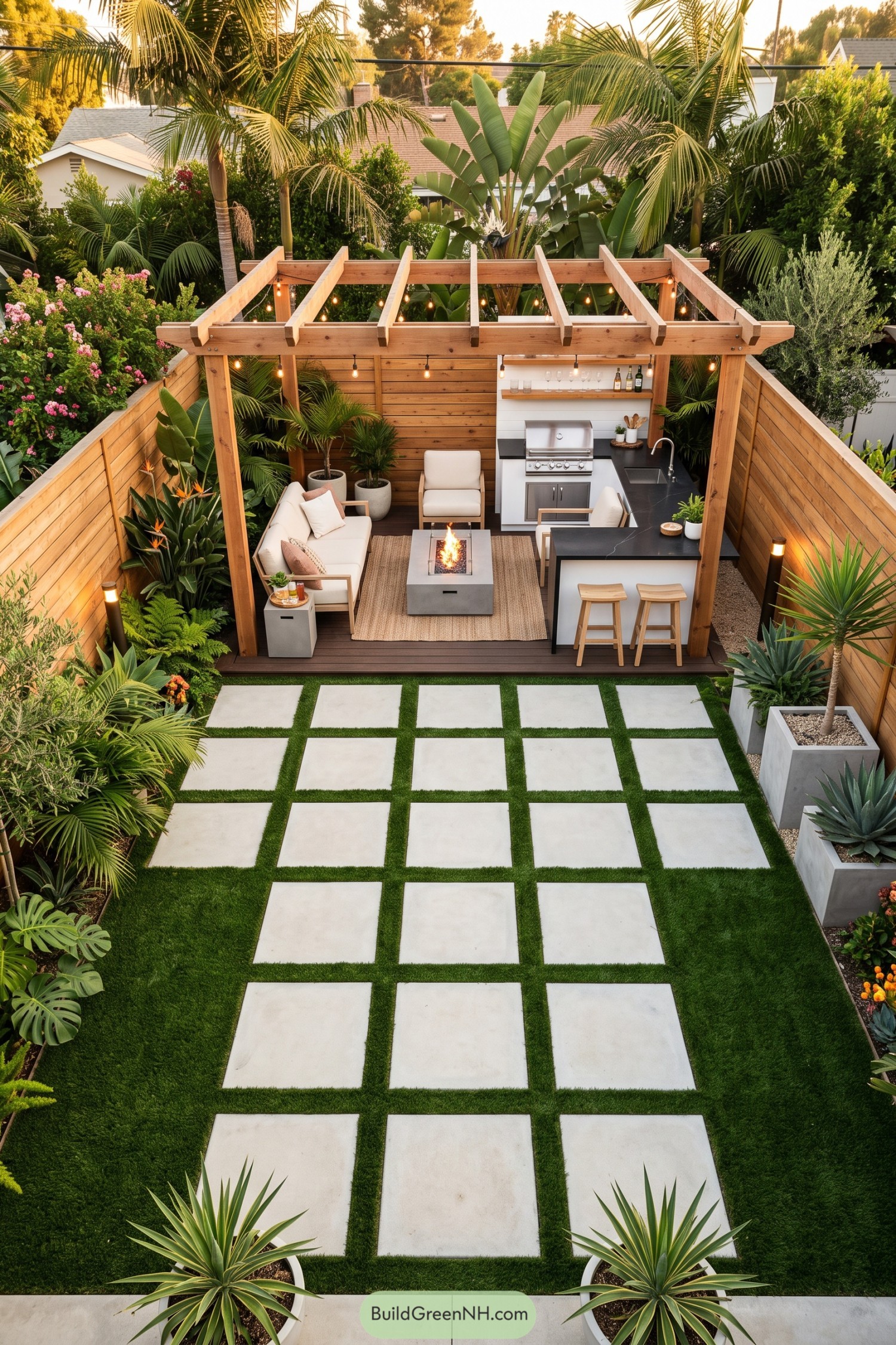 Tropical pergola patio with fire table and outdoor kitchen