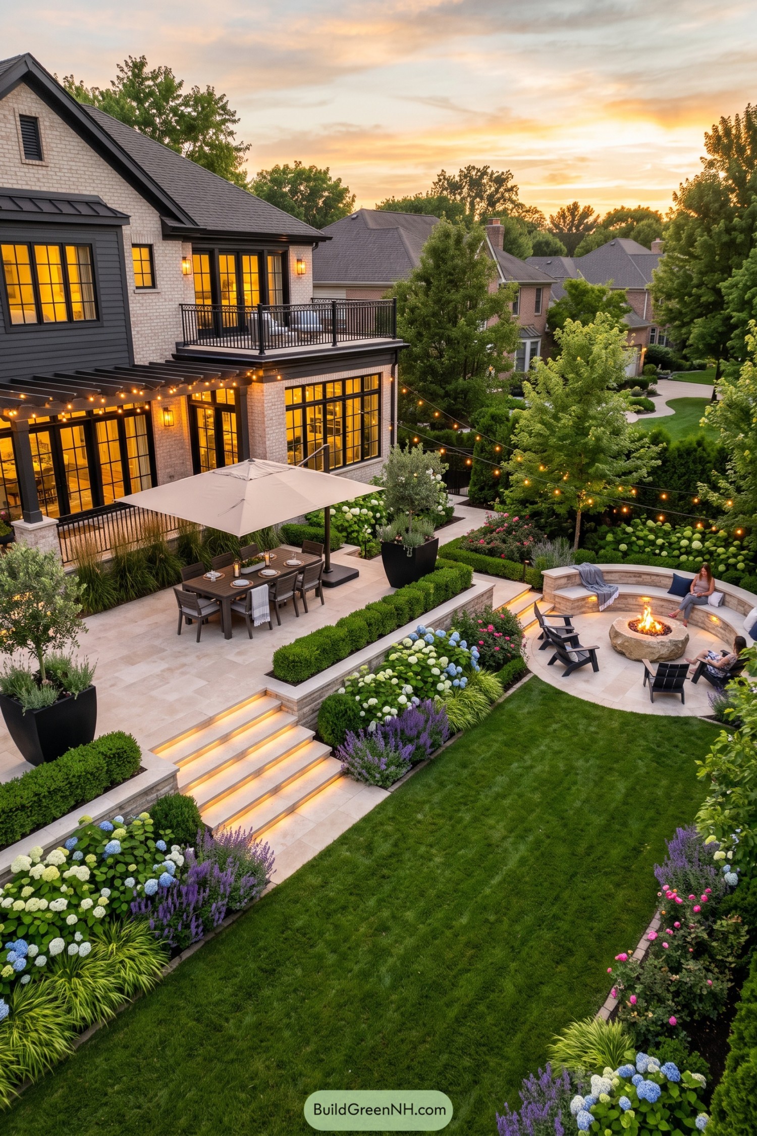 Layered stone patio with dining terrace curved fire pit and manicured gardens