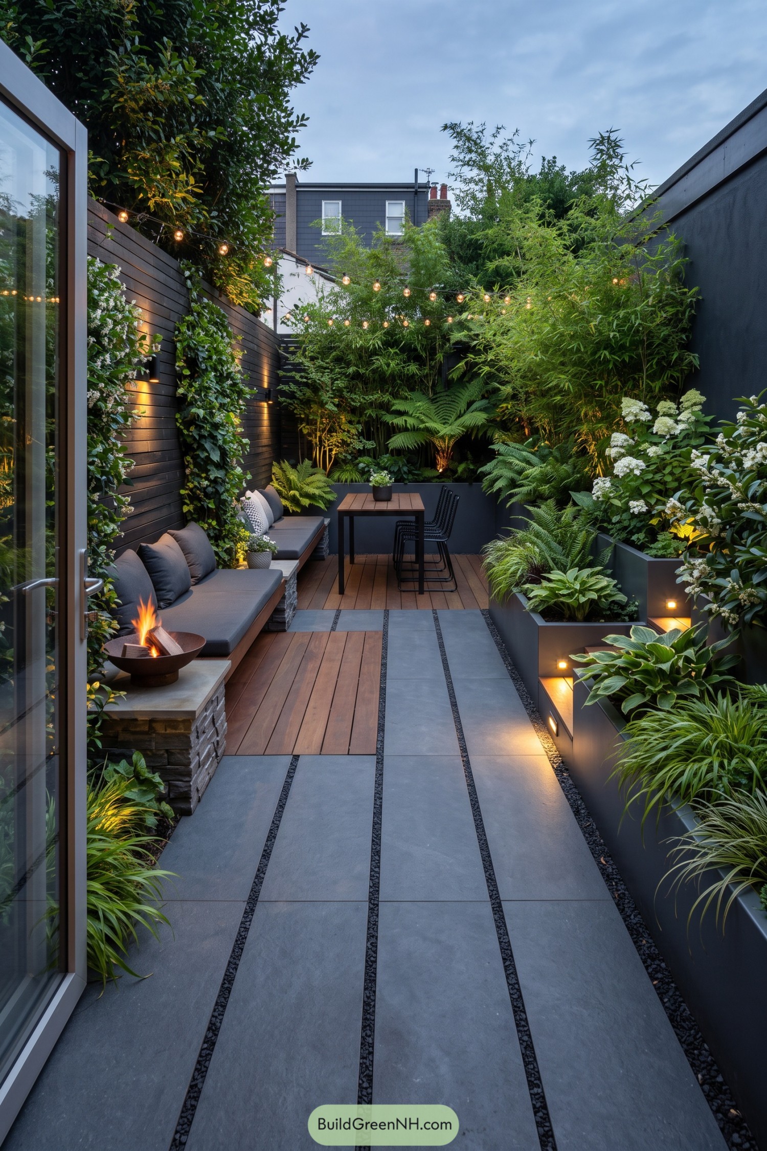 Narrow patio with lush ferns dining table and fire bowl