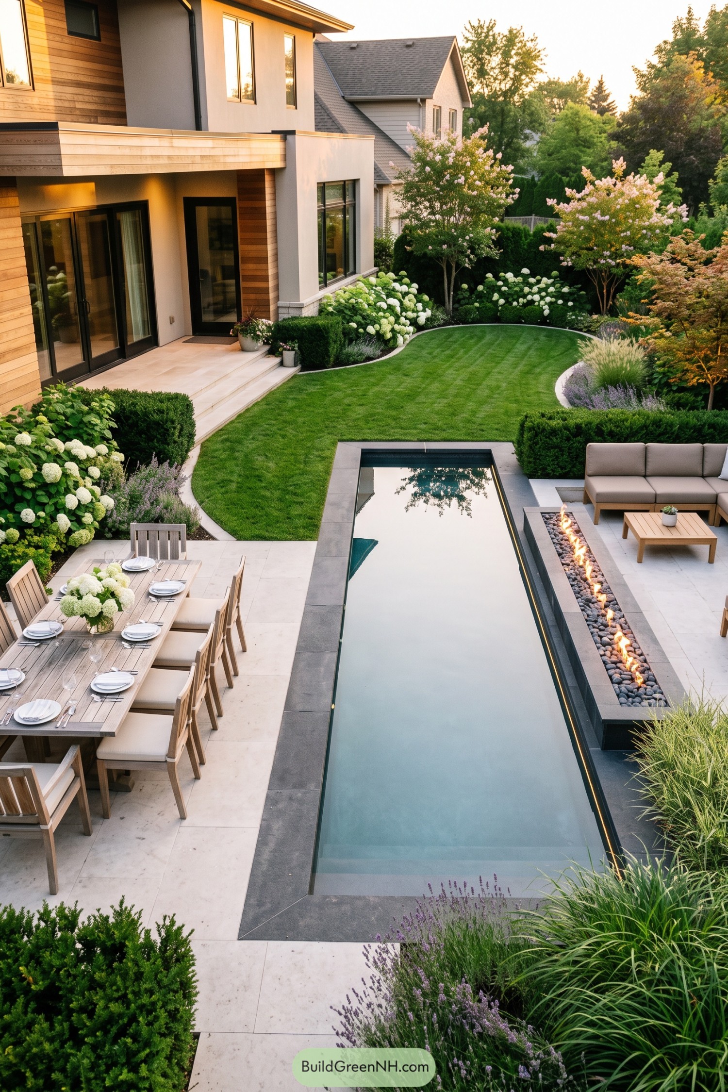 Sleek poolside patio with dining and fire feature