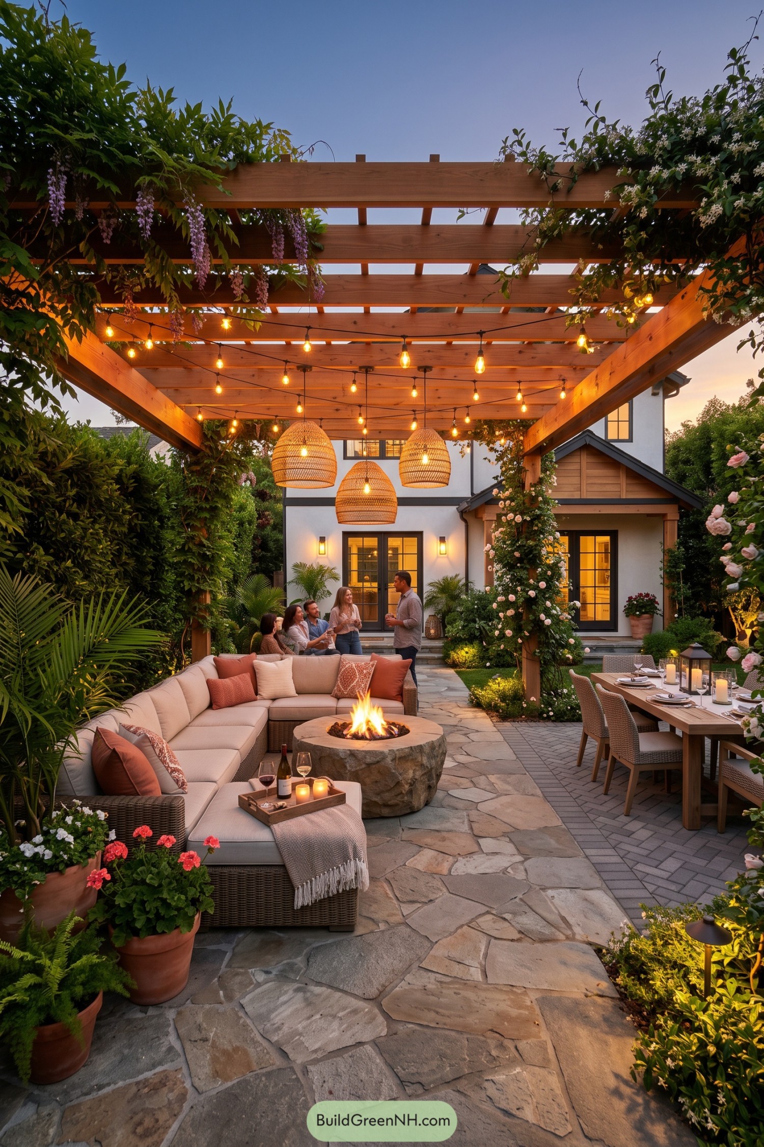 Wood pergola patio with fire table dining and roses