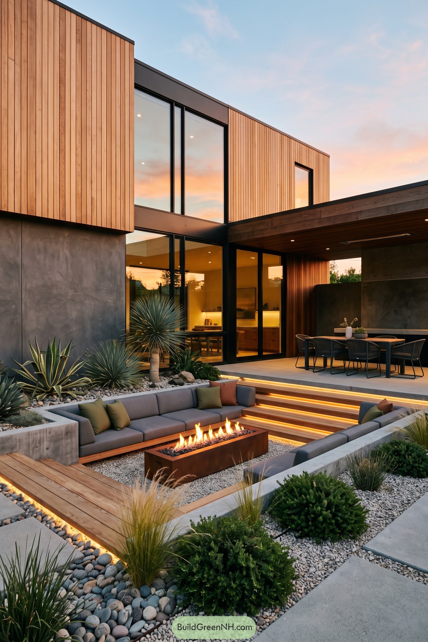 Sunken patio lounge with fire table and modern wood-clad home