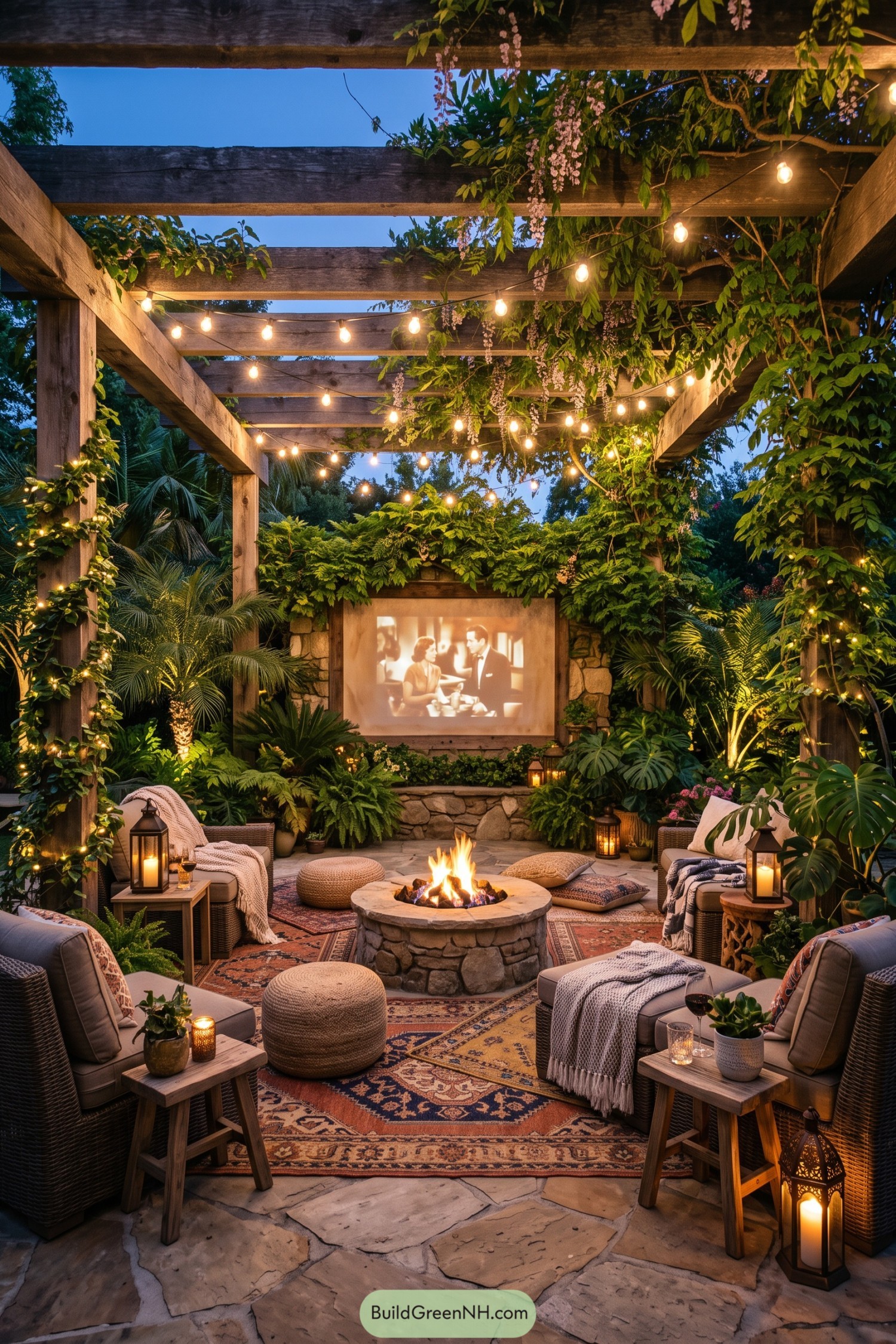 Pergola patio with fire pit and outdoor movie screen