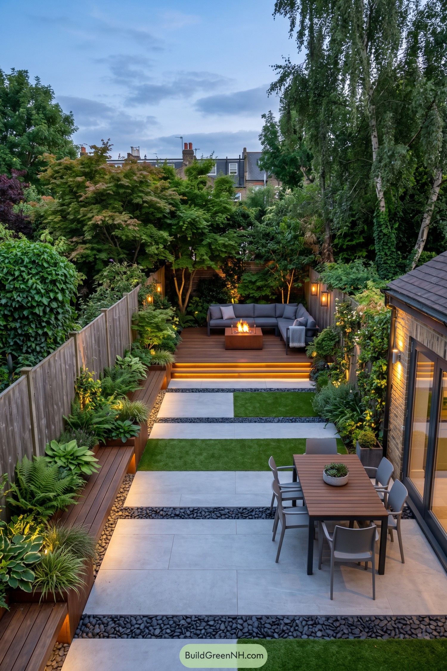 Layered backyard terrace with dining fire pit and lush planting