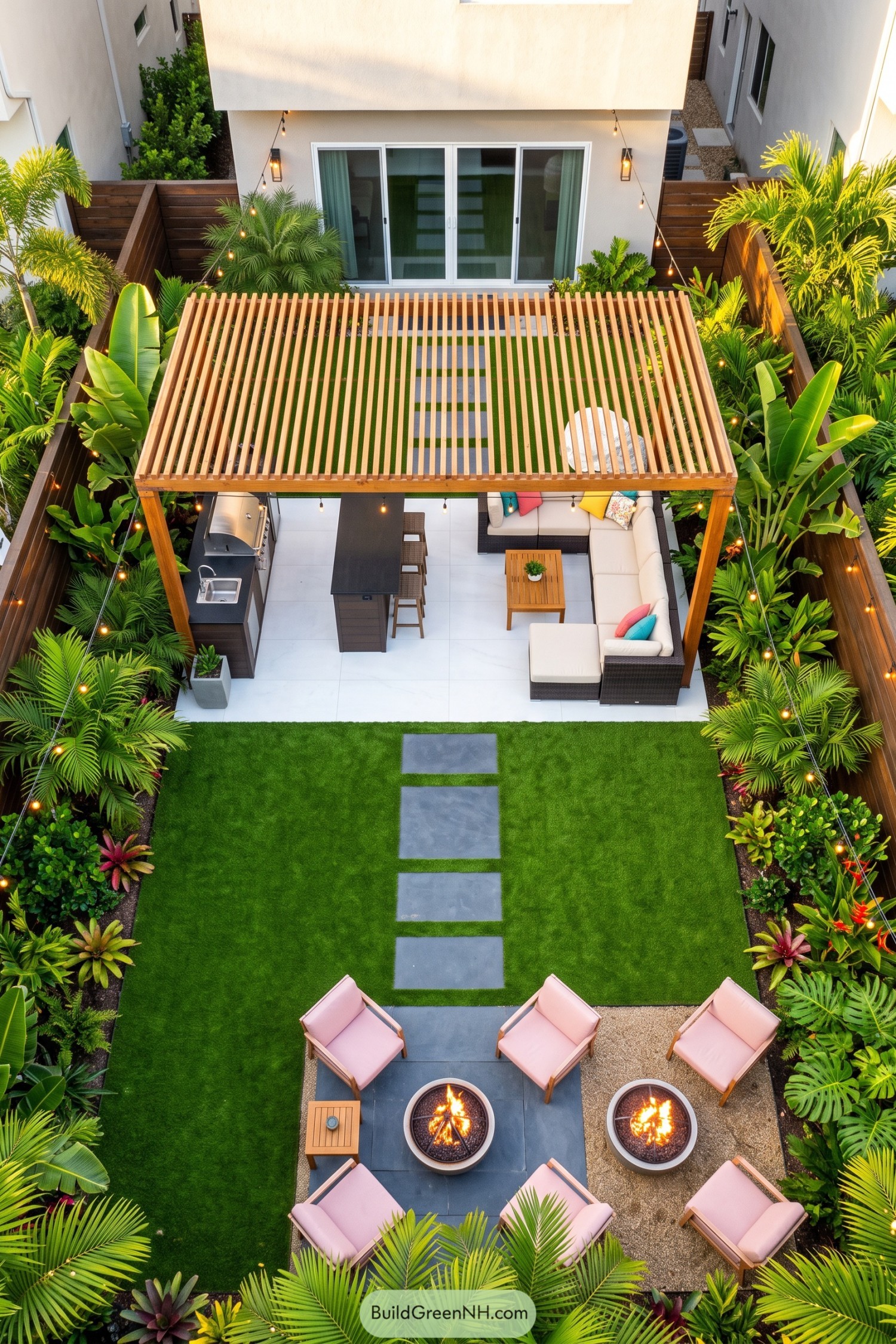 Lush backyard patio with pergola kitchen and twin fire bowls