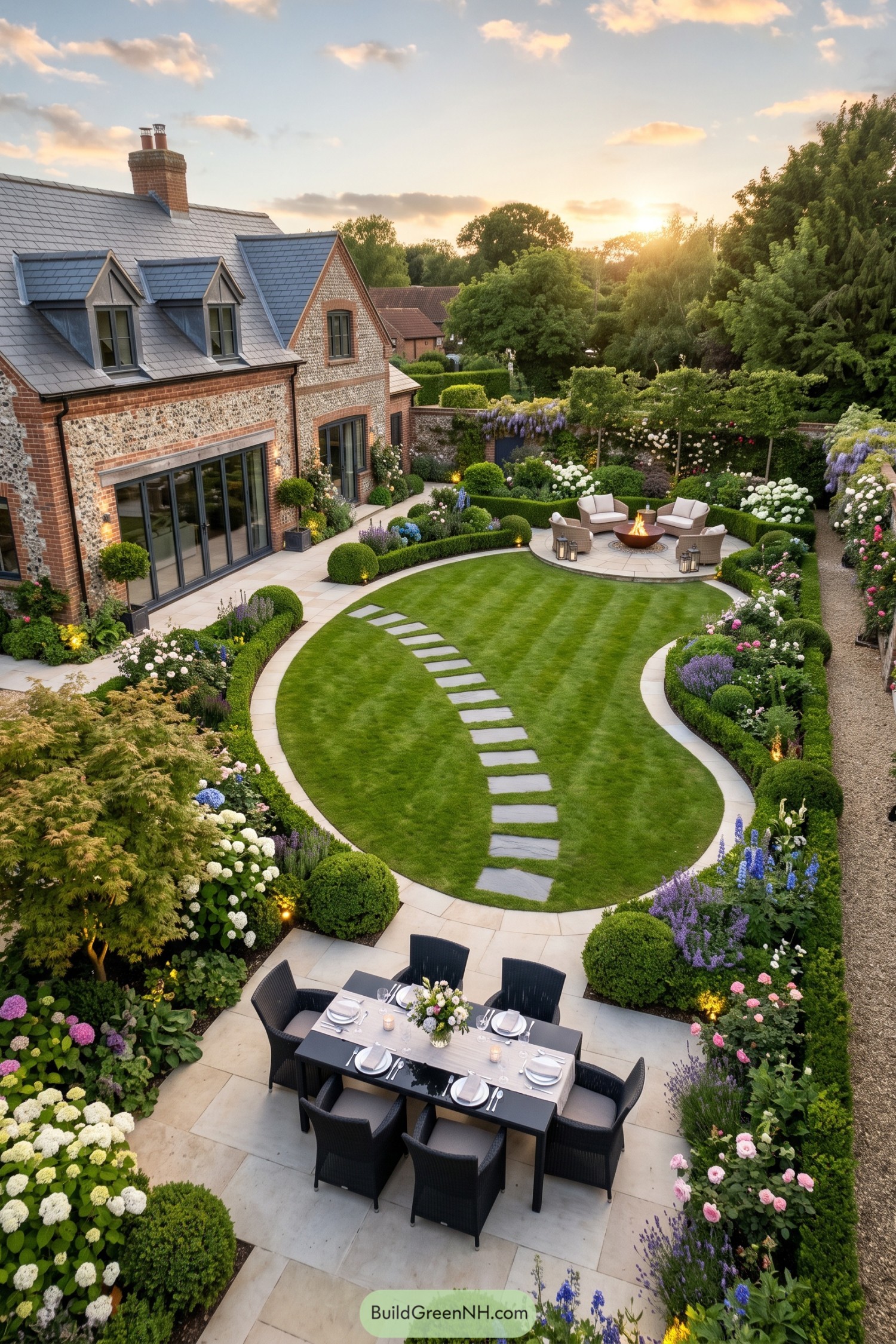 Formal garden patio with dining terrace fire bowl and curved lawn