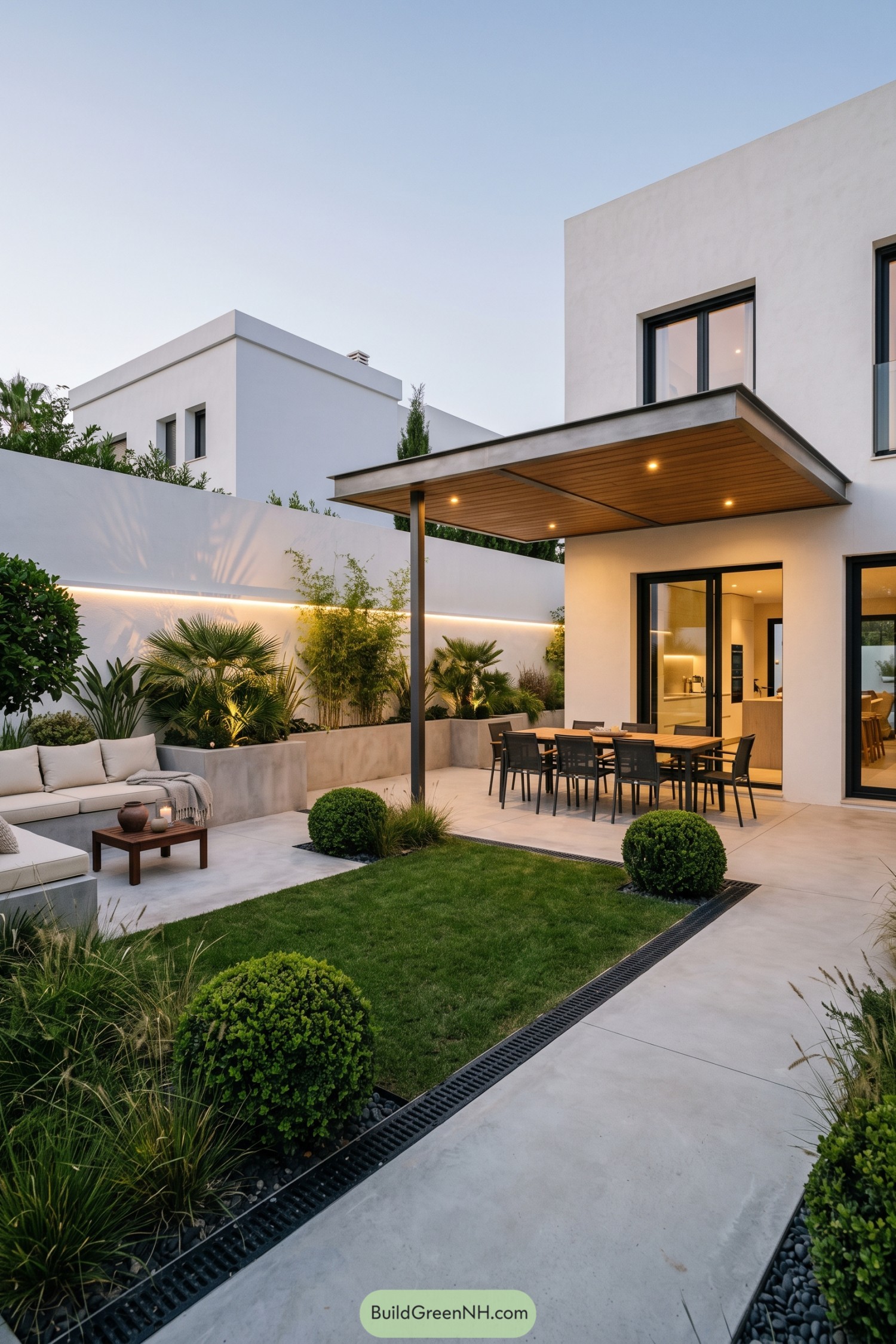 Modern patio with wood canopy dining and lush planters