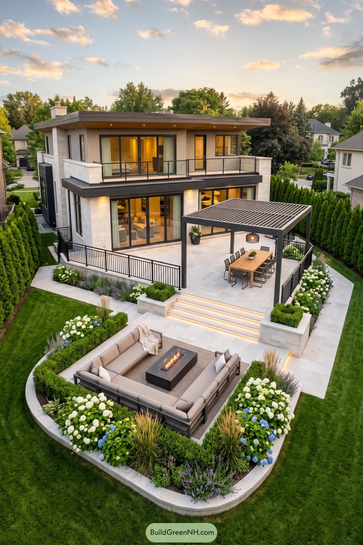 Contemporary stone patio with pergola dining and fire pit lounge