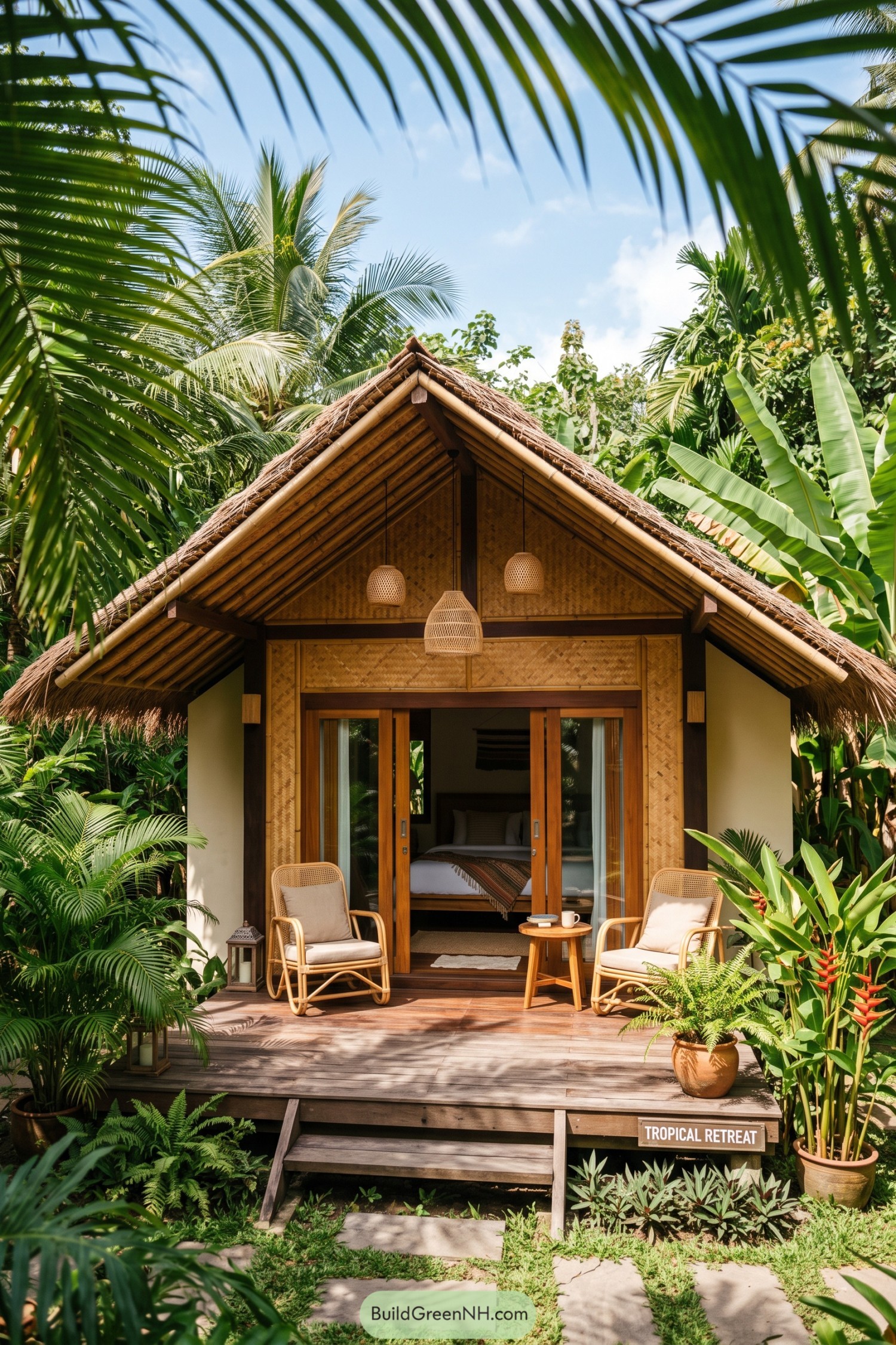 Bamboo cottage with thatched roof amid lush palms
