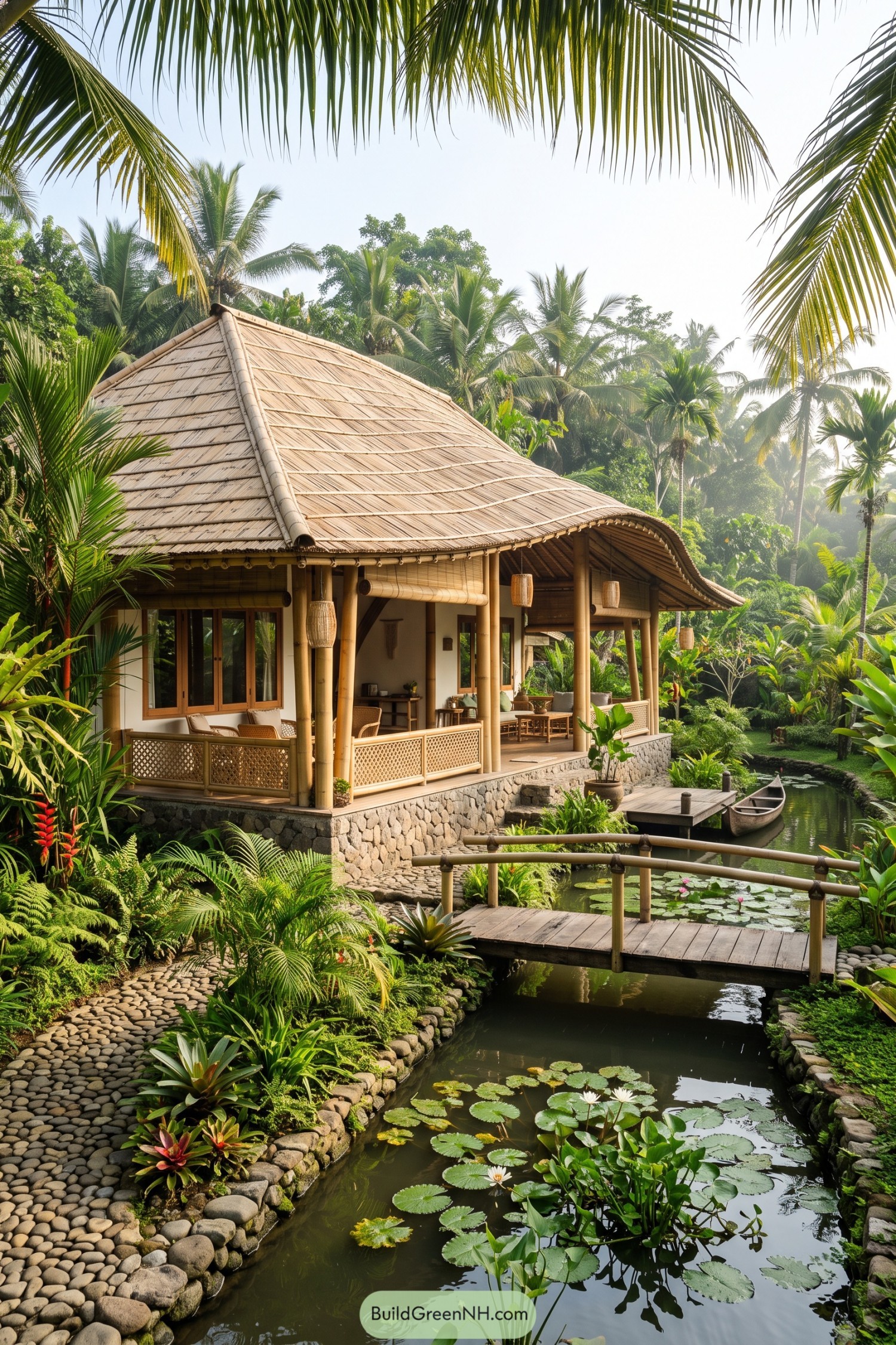Bamboo villa beside a lily pond and footbridge