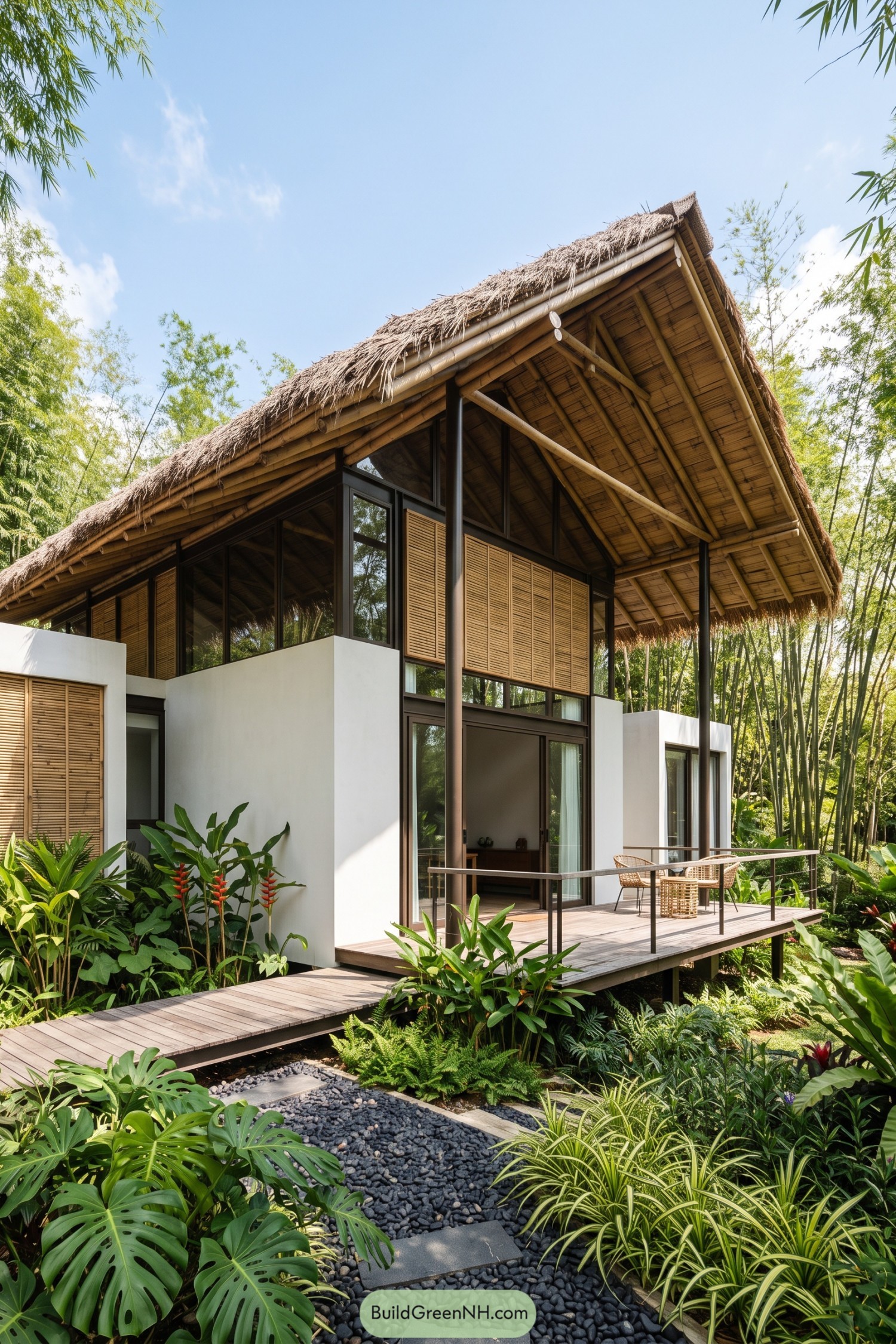Modern bamboo house with a sweeping thatched roof in a lush garden