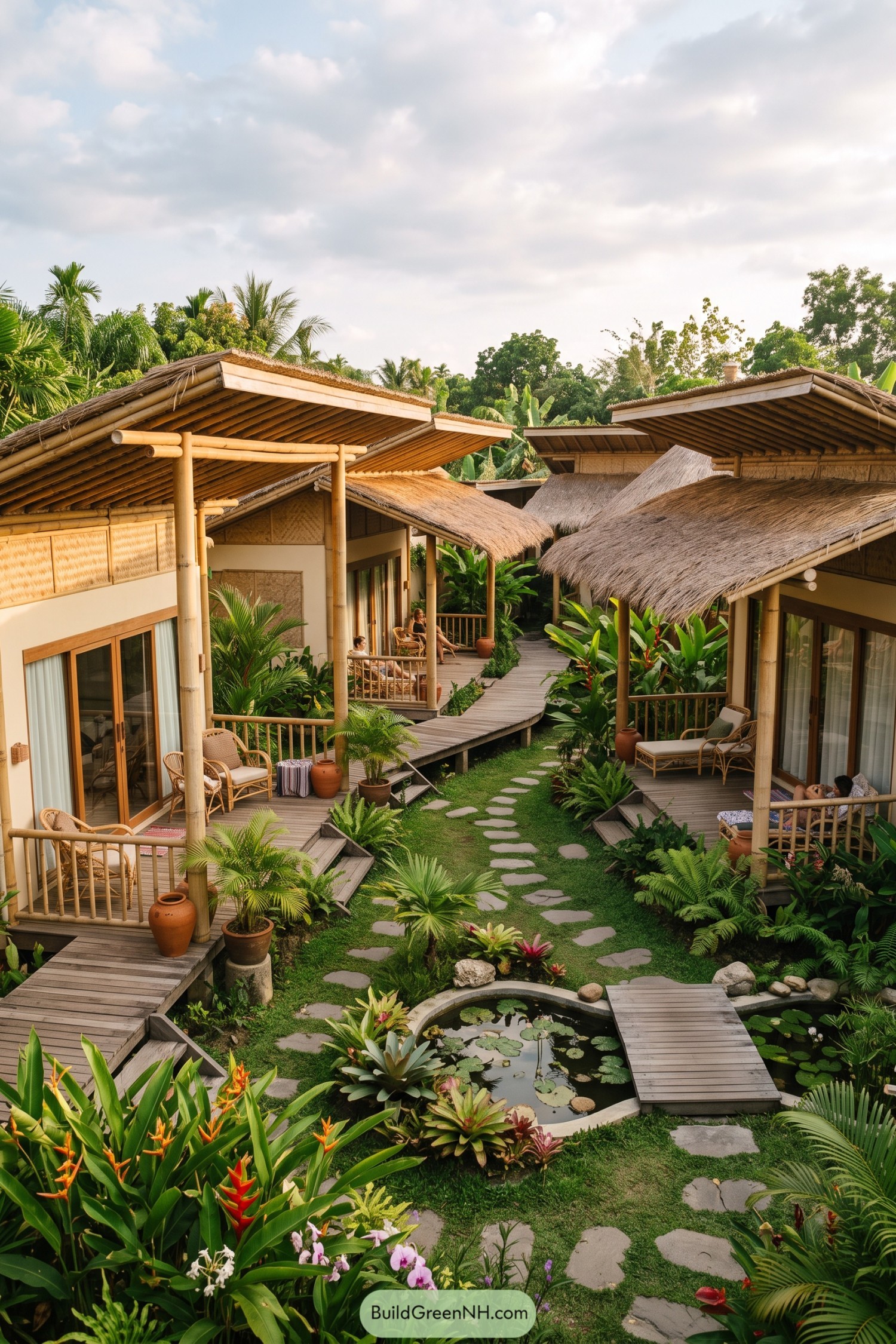 Bamboo cottages surround a lush pond garden