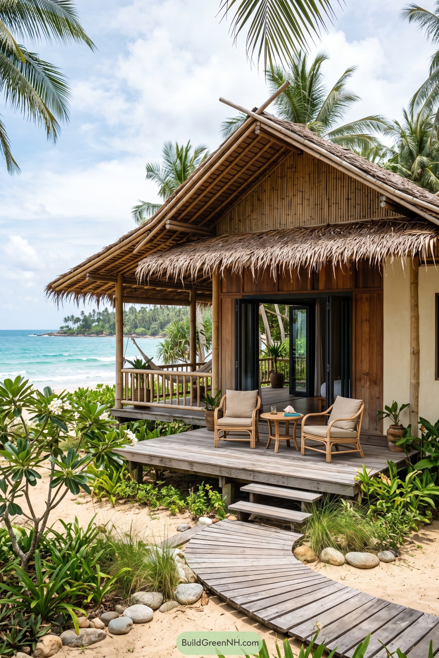 Bamboo beach house with a thatched roof and oceanfront deck