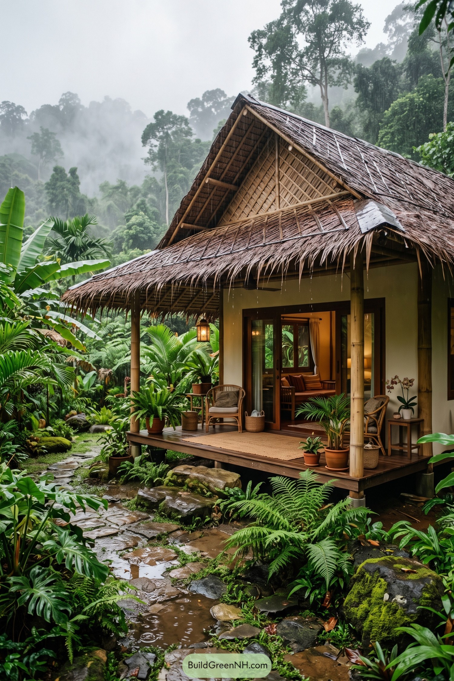 Bamboo house with a deep thatched roof in lush rain forest