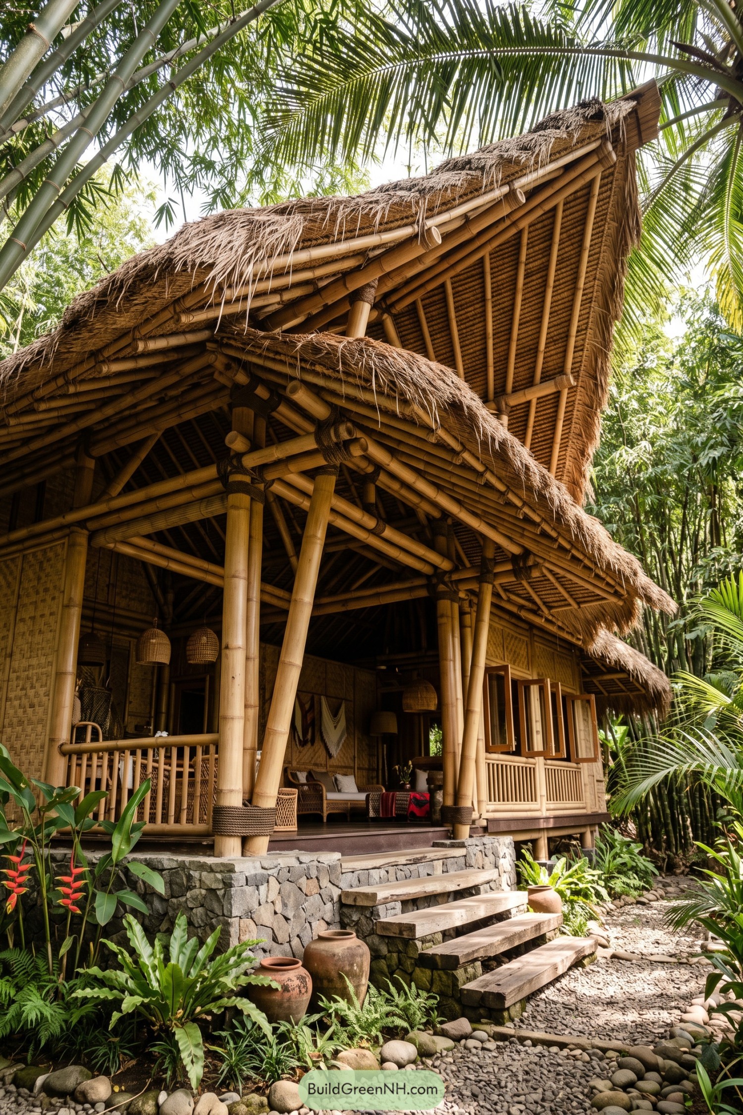 Bamboo home with sweeping thatch roof in lush palms