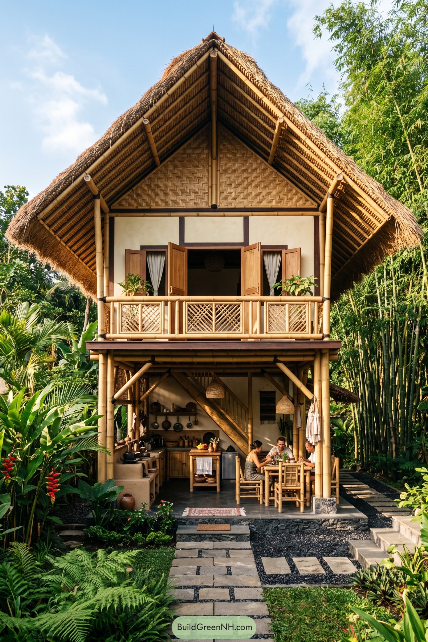 Two story bamboo home with a broad thatched roof and open kitchen terrace