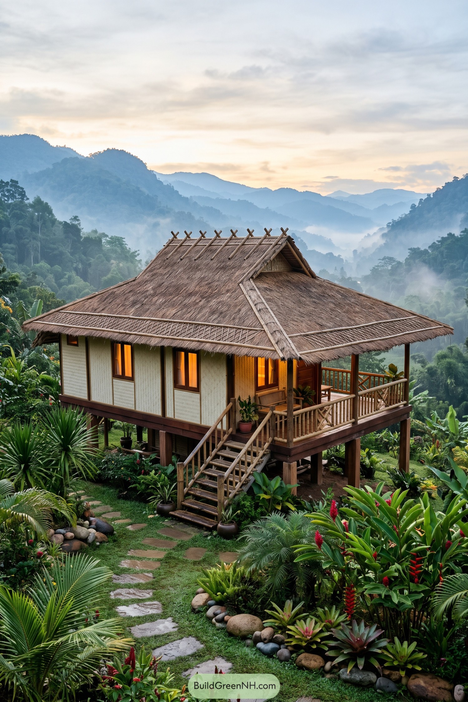 Bamboo stilt house with a broad thatched roof overlooking misty mountains