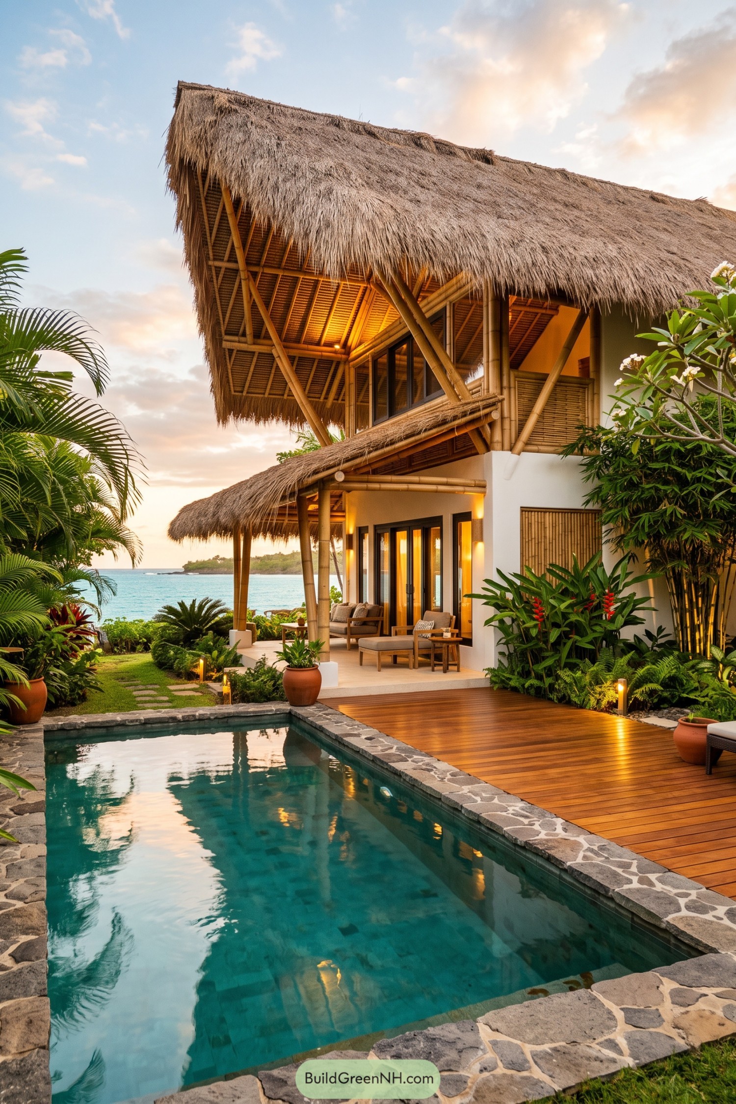 Bamboo and thatch villa beside a tropical pool