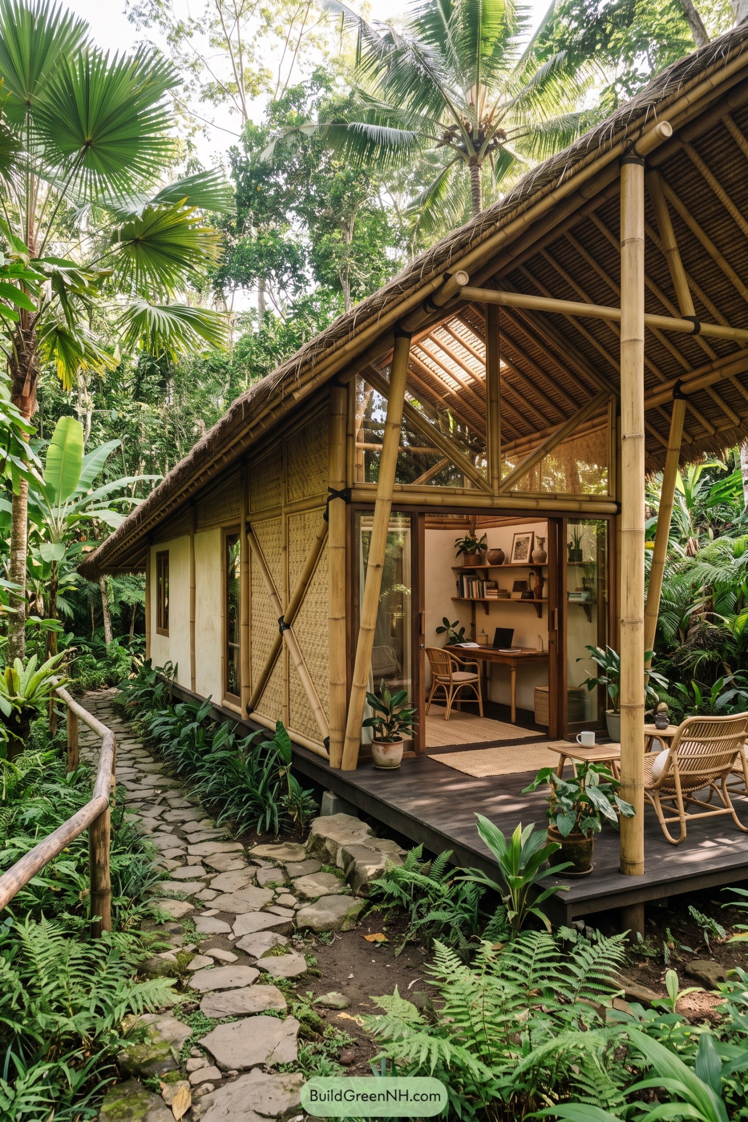 Bamboo studio with a thatched roof nestled in tropical greenery