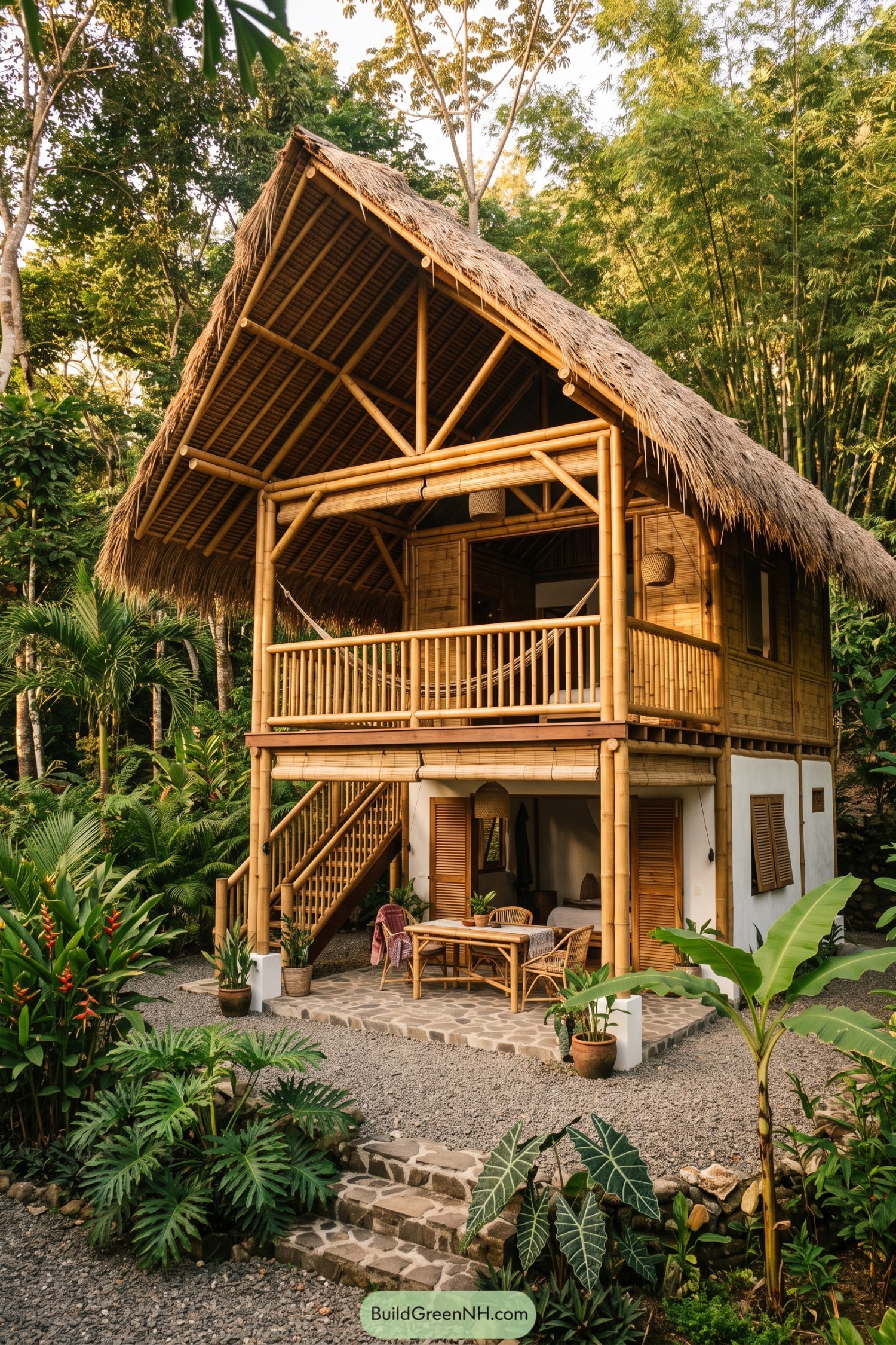 Two story bamboo house with a thatched roof and open veranda