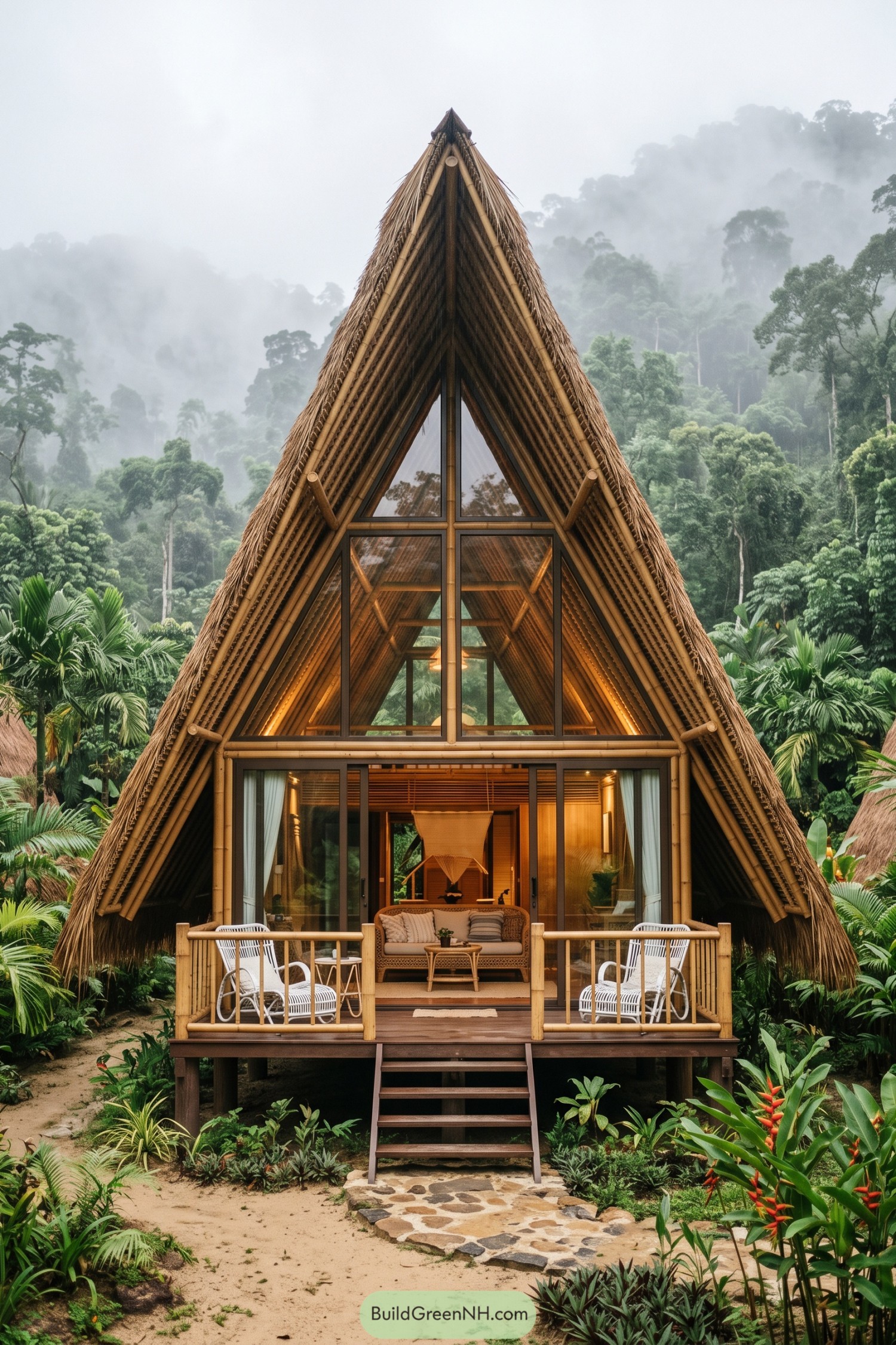 Bamboo A frame cabin with thatched roof and deck
